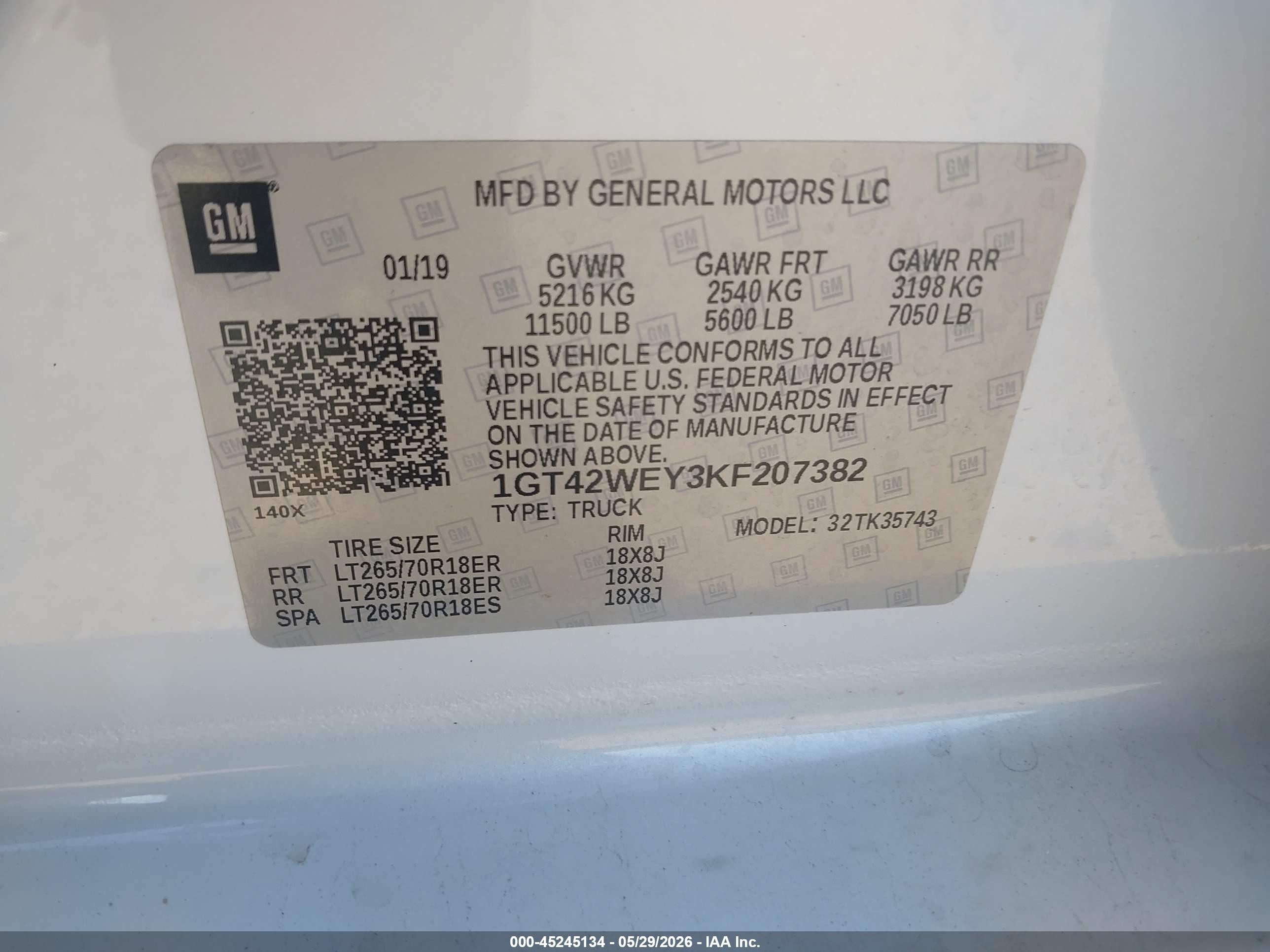 2019 Gmc VIN 1GT42WEY3KF207382 IAAI salvage auction — Front End, Salvage (Virginia), sold $18,500 on 2026-09-14 (photo 9)