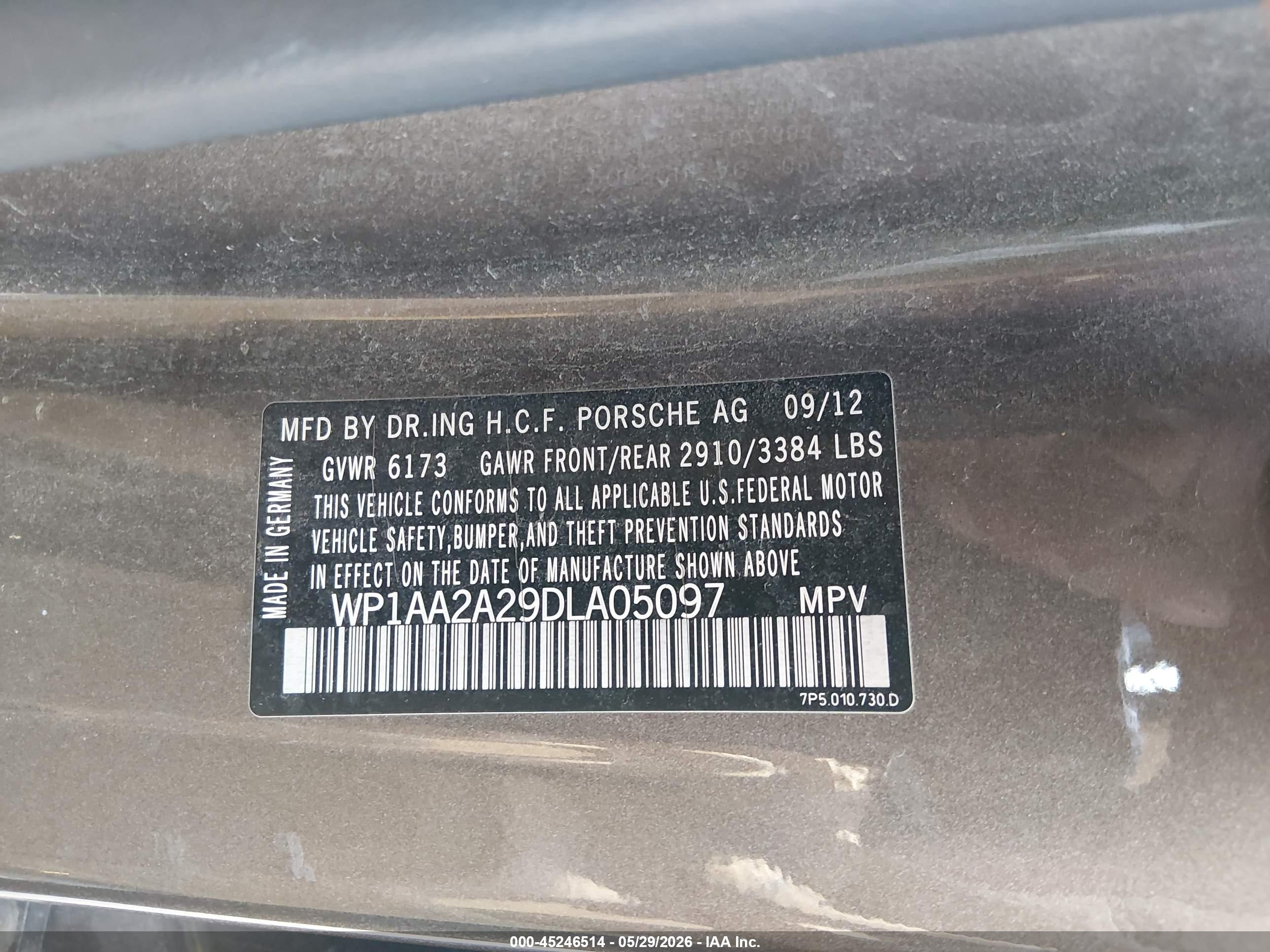 2013 Porsche Cayenne VIN WP1AA2A29DLA05097 IAAI salvage auction — Unknown, Salvage (Illinois), sold $1,200 on 2026-07-03 (photo 9)