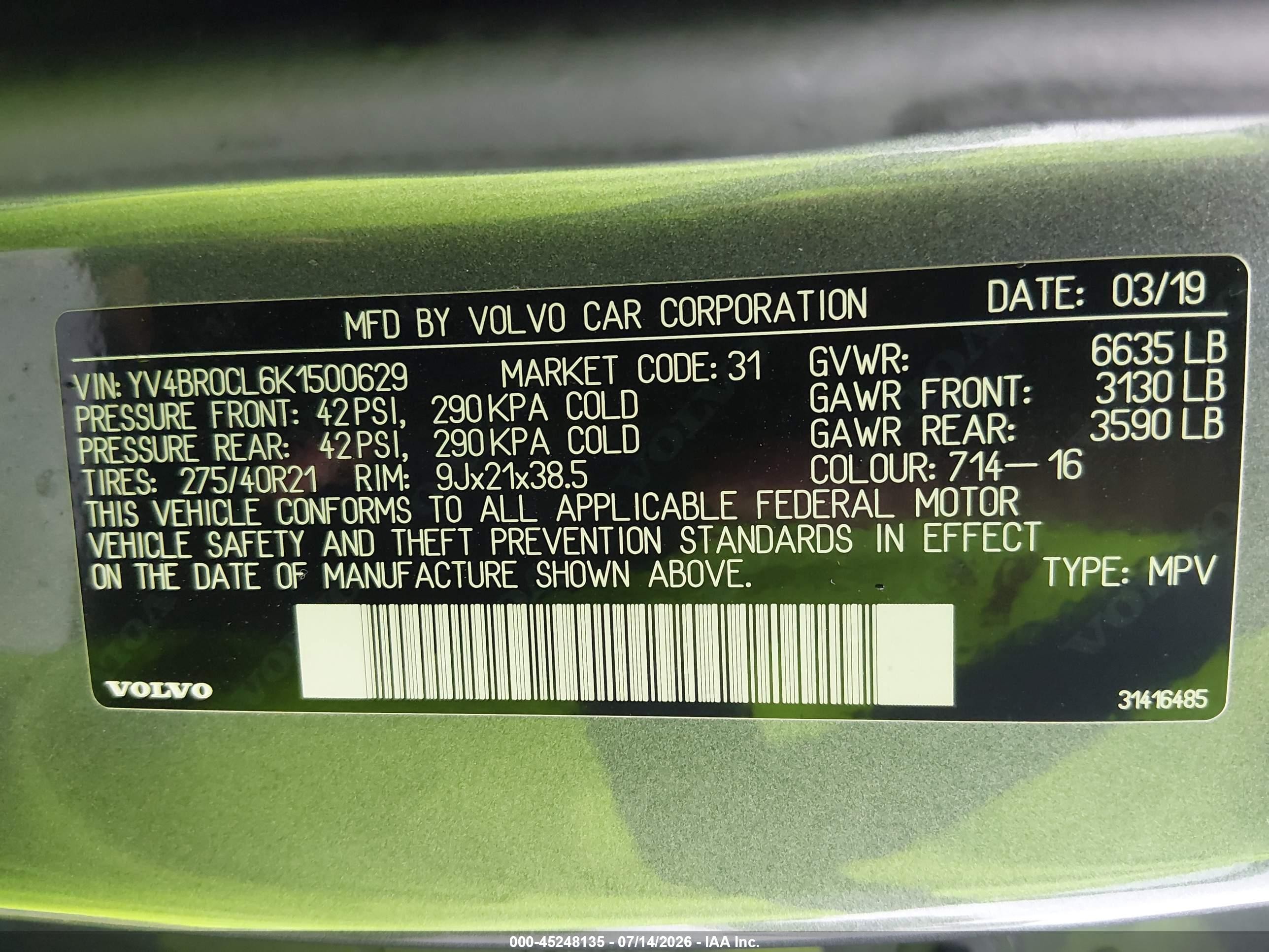 2019 Volvo XC90 VIN YV4BR0CL6K1500629 IAAI salvage auction — Side, Original (Texas), sold $9,700 on 2026-09-18 (photo 9)