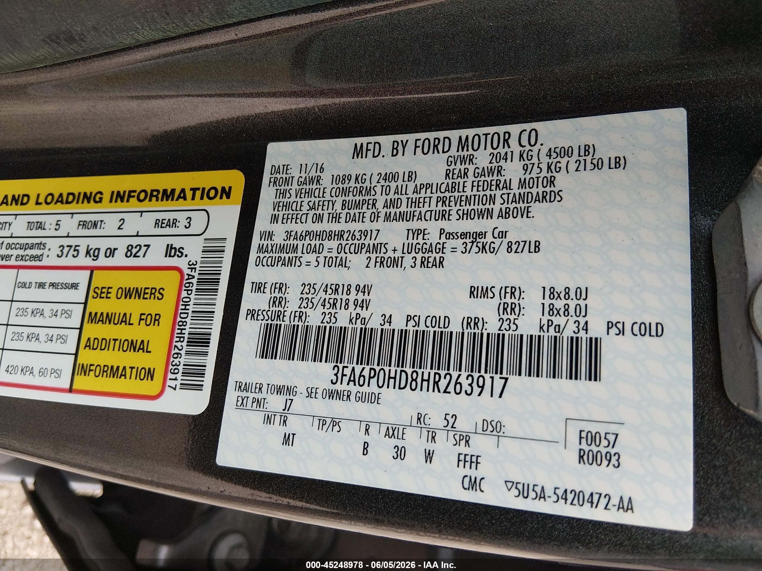 2017 Ford Fusion VIN 3FA6P0HD8HR263917 IAAI salvage auction — Front End, Original (Texas), sold $1,550 on 2026-07-11 (photo 9)