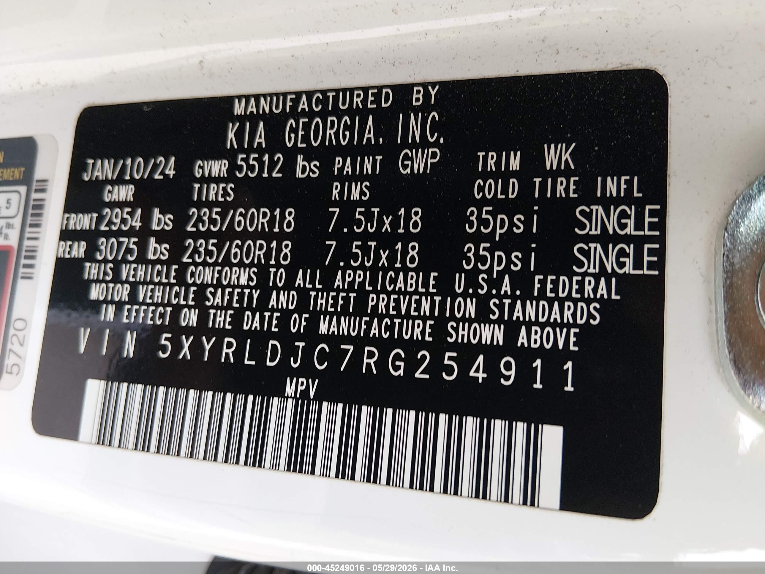 2024 Kia Sorento VIN 5XYRLDJC7RG254911 IAAI salvage auction — Unknown, Clear (Illinois), sold $17,100 on 2026-07-14 (photo 9)