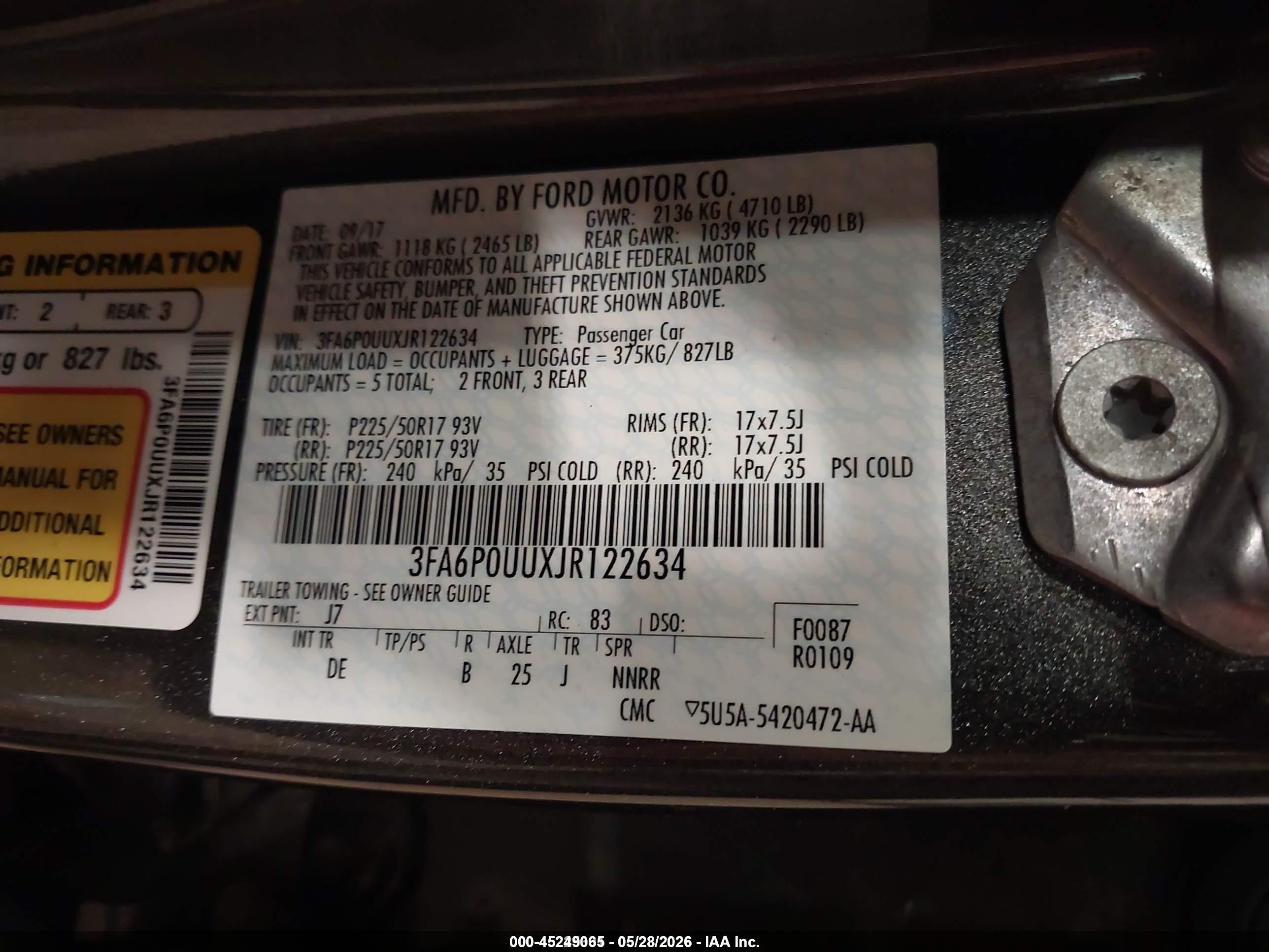 2018 Ford Fusion VIN 3FA6P0UUXJR122634 IAAI salvage auction — Normal Wear, SF97 (South Dakota), sold $3,575 on 2026-07-09 (photo 9)