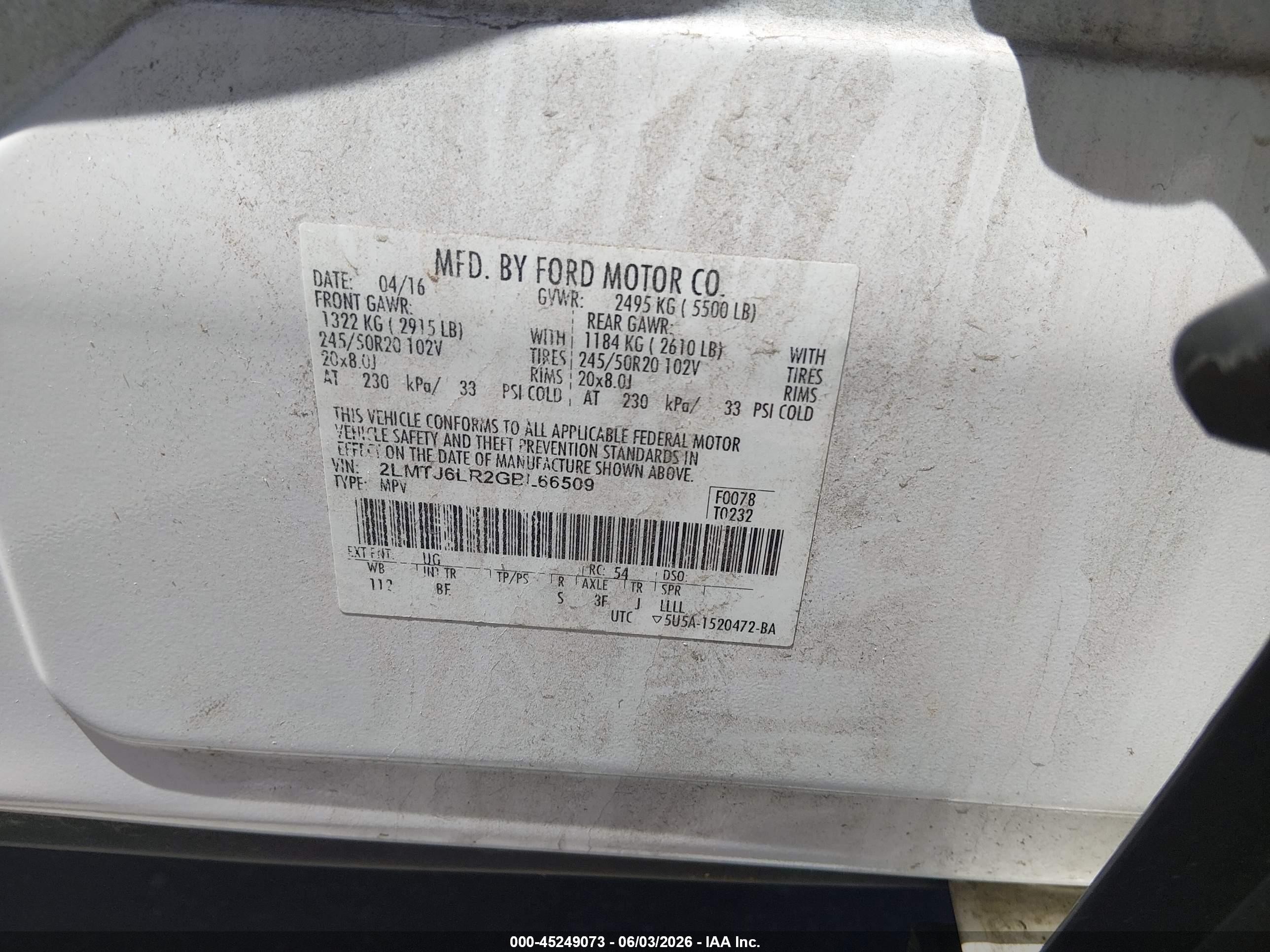 2016 Lincoln Mkx VIN 2LMTJ6LR2GBL66509 IAAI salvage auction — Side, Salvage (Idaho), sold $1,350 on 2026-09-12 (photo 9)