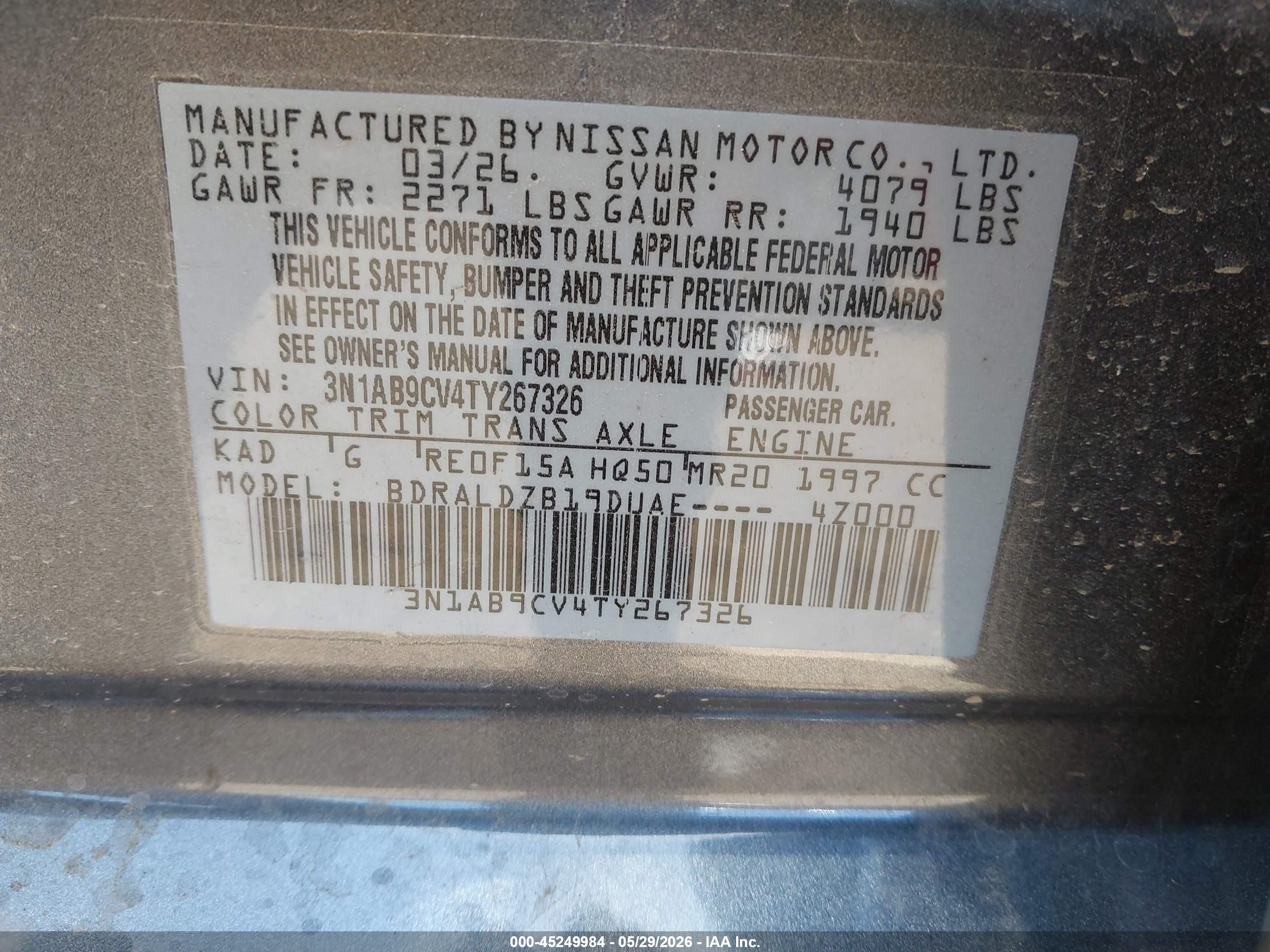 2026 Nissan Sentra VIN 3N1AB9CV4TY267326 IAAI salvage auction — Front & Rear, Original (Texas), sold $5,700 on 2026-09-11 (photo 9)