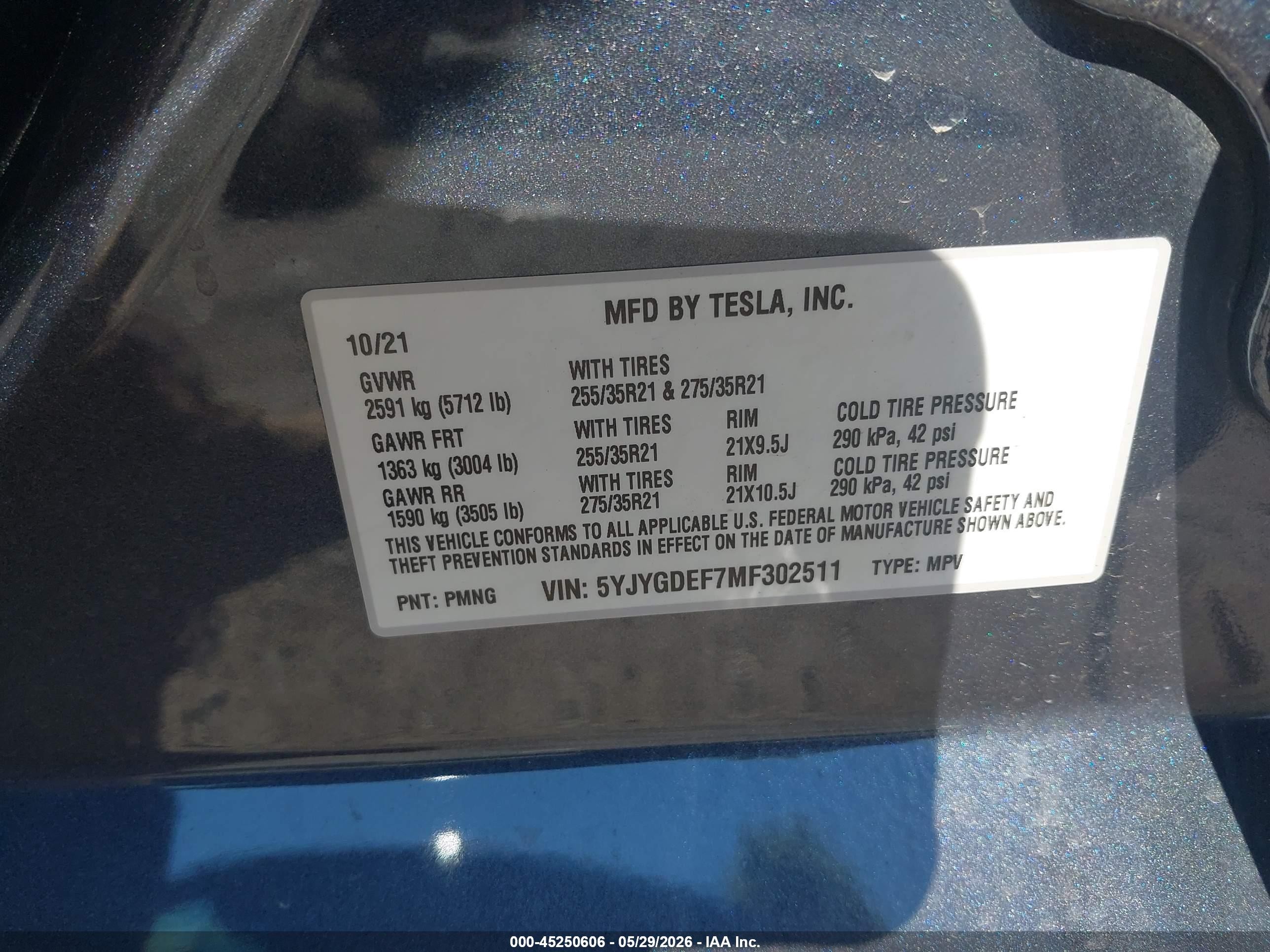 2021 Tesla Model y VIN 5YJYGDEF7MF302511 IAAI salvage auction — Unknown, Salvage (Virginia), sold $8,200 on 2026-09-03 (photo 9)