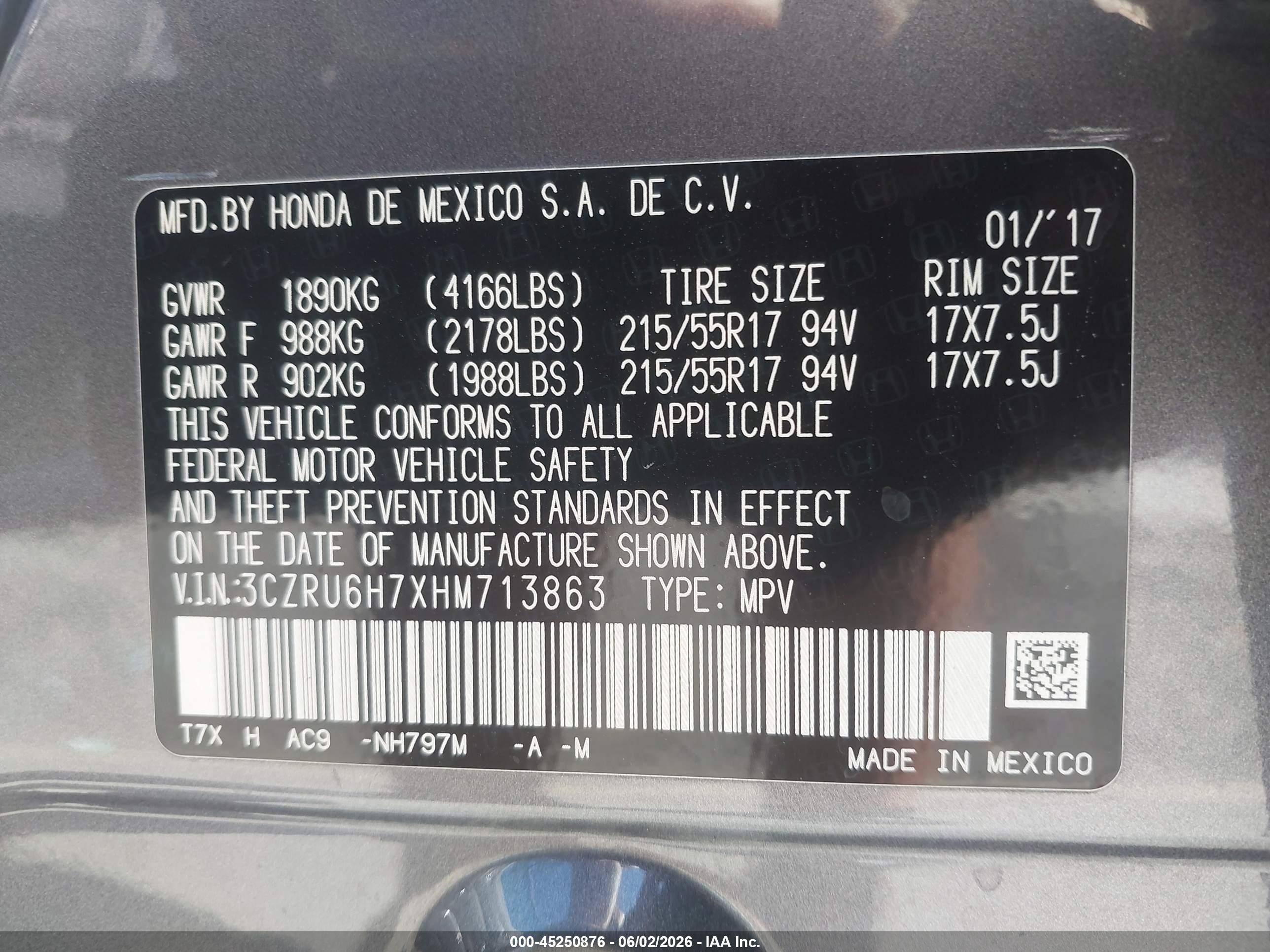 2017 Honda HR-V VIN 3CZRU6H7XHM713863 IAAI salvage auction — Front End, Salvage (Idaho), sold $1,500 on 2026-07-09 (photo 9)