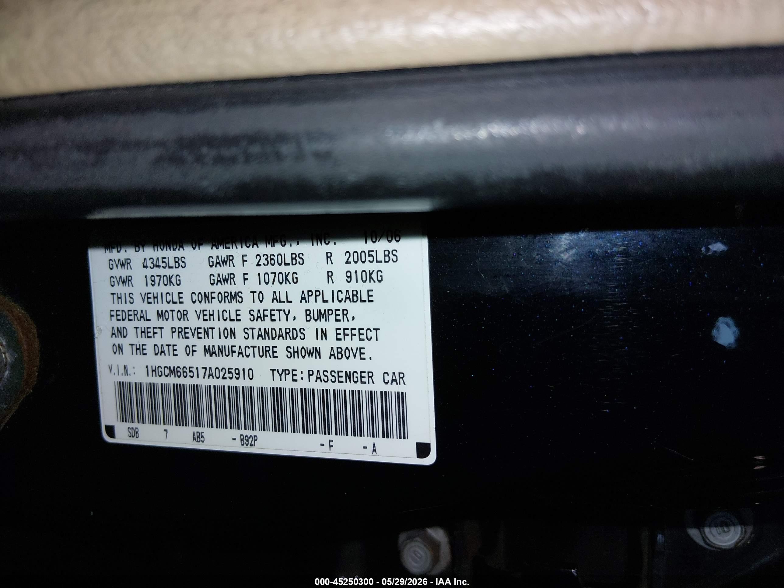 2007 Honda Accord VIN 1HGCM66517A025910 IAAI salvage auction — Side, Salvage (Oregon), sold $250 on 2026-07-09 (photo 9)