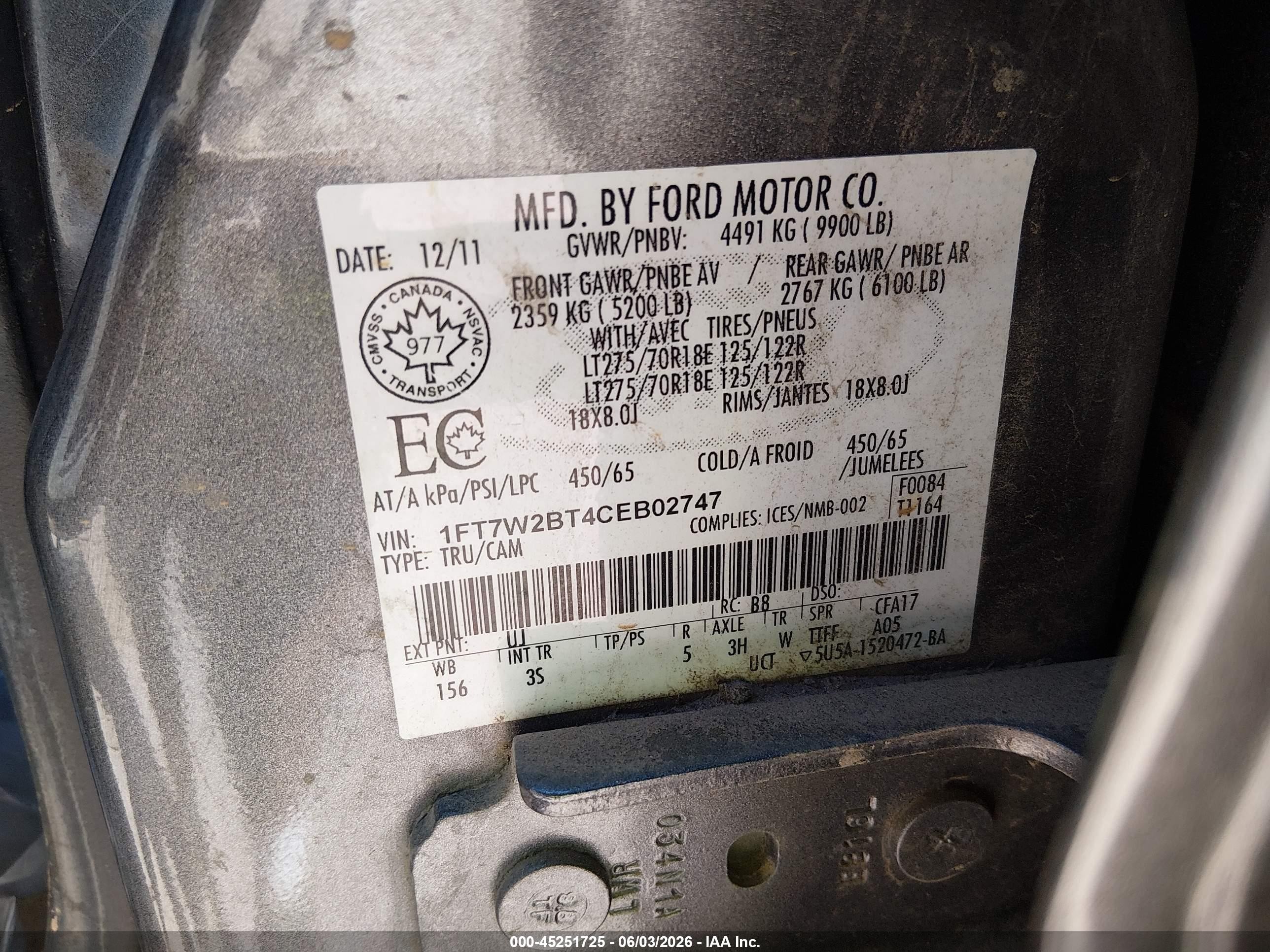 2012 Ford F-250 VIN 1FT7W2BT4CEB02747 IAAI salvage auction — Front End, Salvage (Tennessee), sold $4,000 on 2026-07-11 (photo 9)