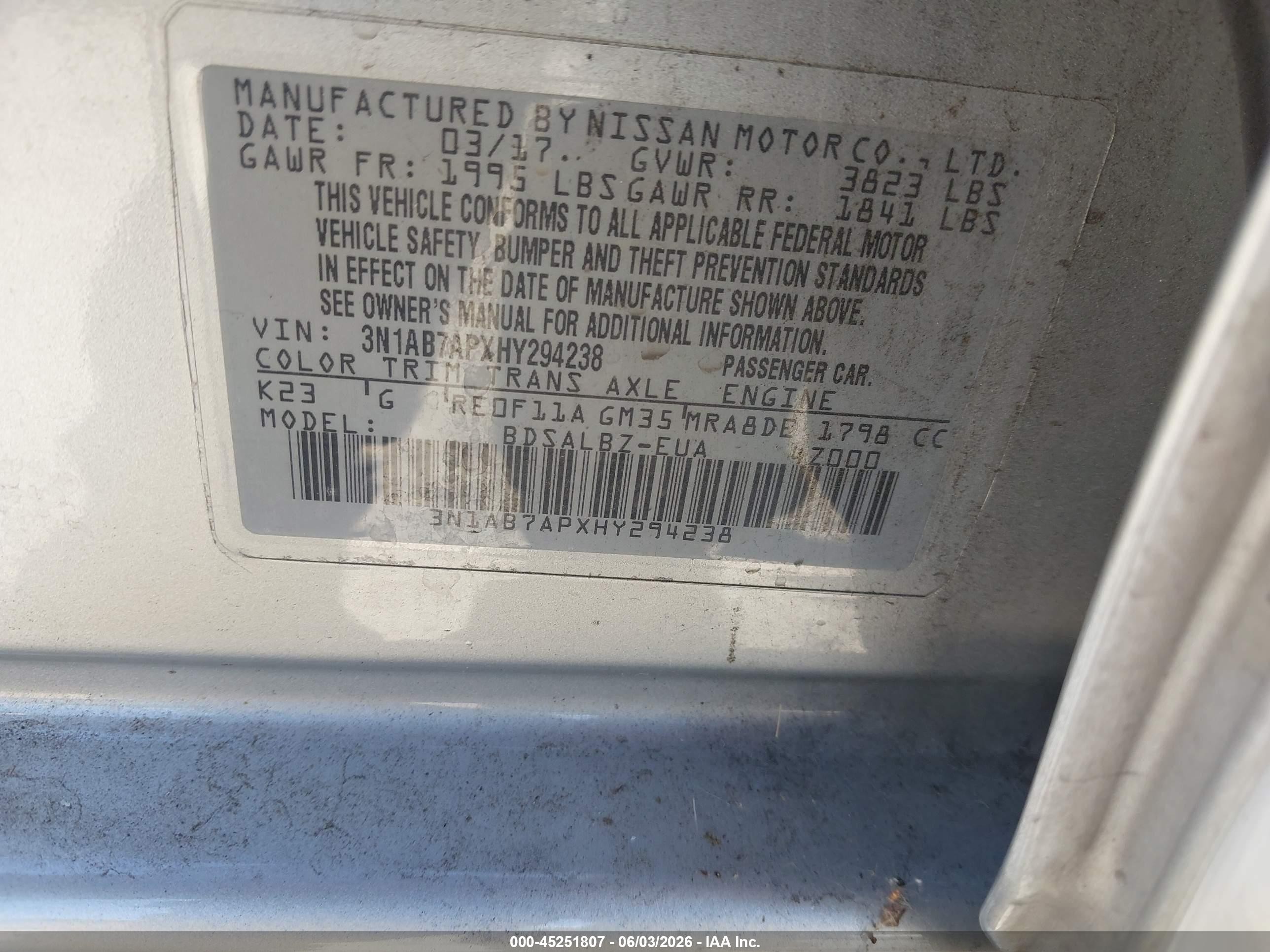 2017 Nissan Sentra VIN 3N1AB7APXHY294238 IAAI salvage auction — Normal Wear, App For Dup Clear (California), sold $350 on 2026-07-09 (photo 9)