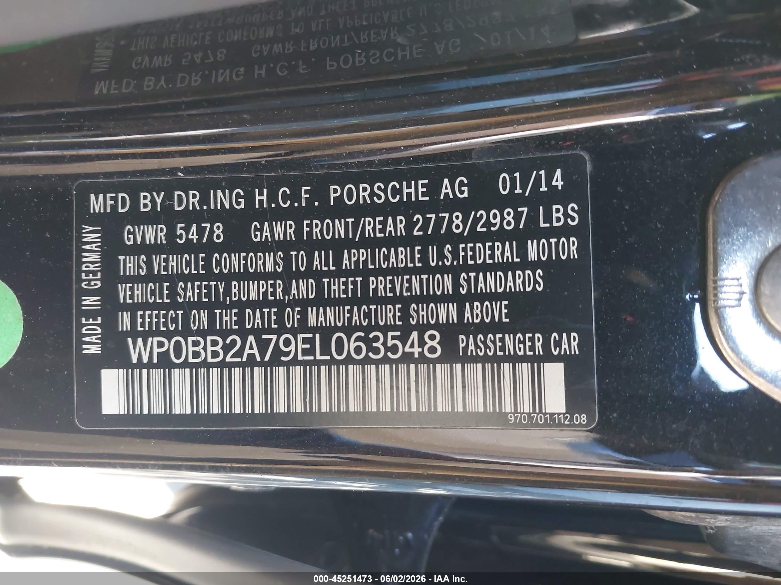 2014 Porsche Panamera VIN WP0BB2A79EL063548 IAAI salvage auction — Water/Flood, Mv-907A (New York), sold $3,975 on 2026-06-30 (photo 9)