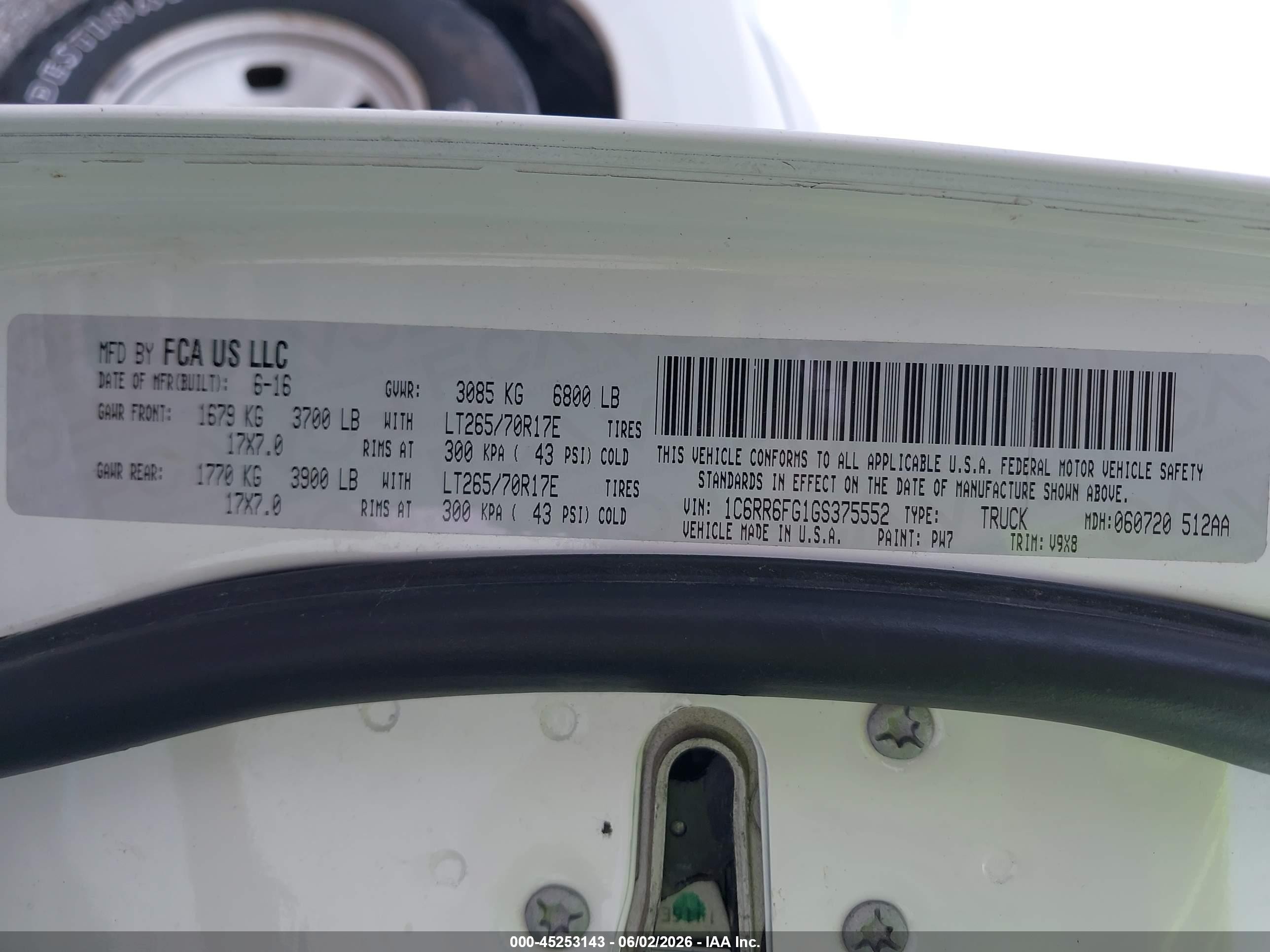2016 Ram 1500 VIN 1C6RR6FG1GS375552 IAAI salvage auction — Normal Wear, Sf97 (Missouri), sold $5,275 on 2026-07-09 (photo 9)