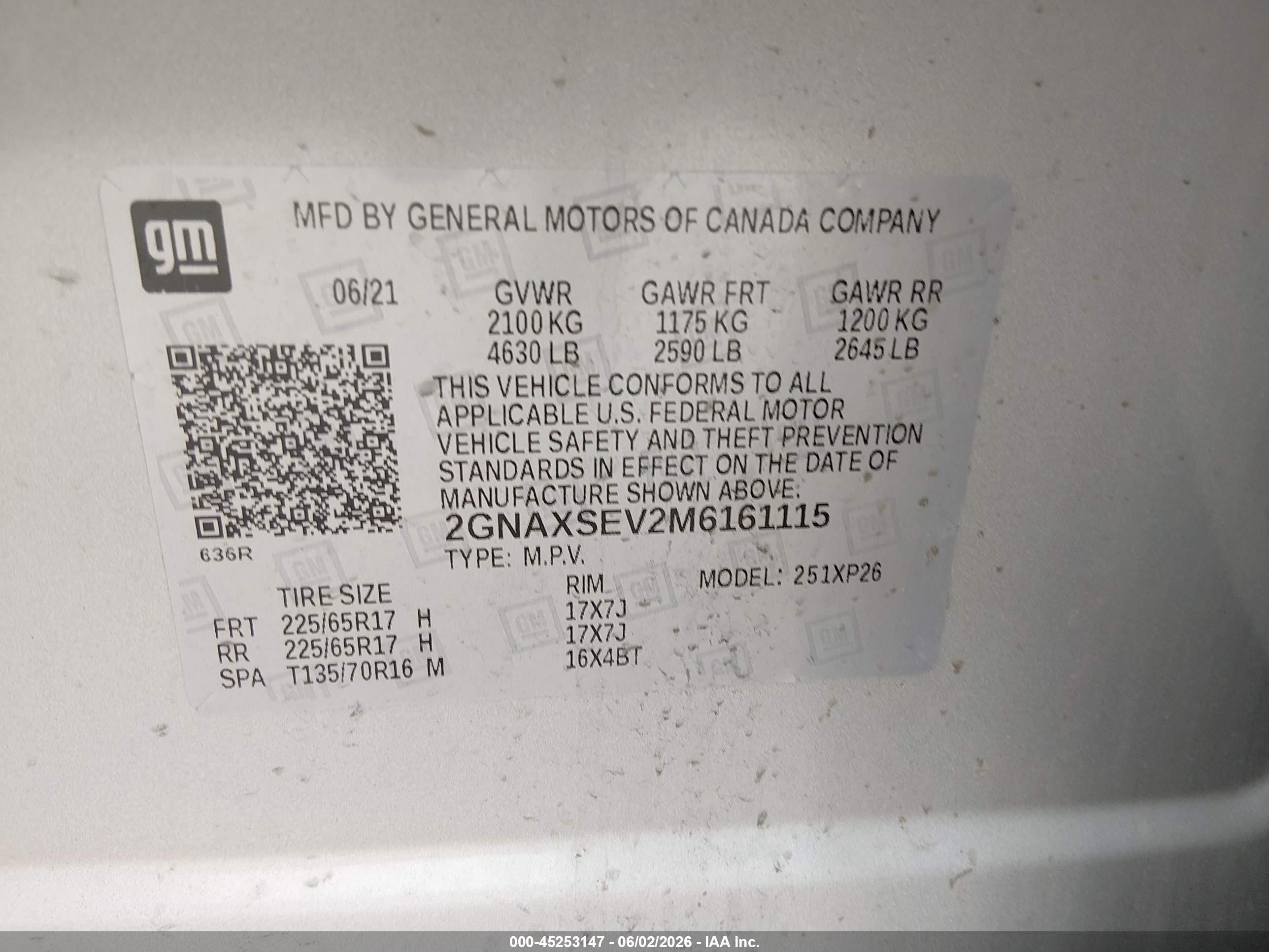 2021 Chevrolet Equinox VIN 2GNAXSEV2M6161115 IAAI salvage auction — Normal Wear, Sf97 (Missouri), sold $7,375 on 2026-07-09 (photo 9)