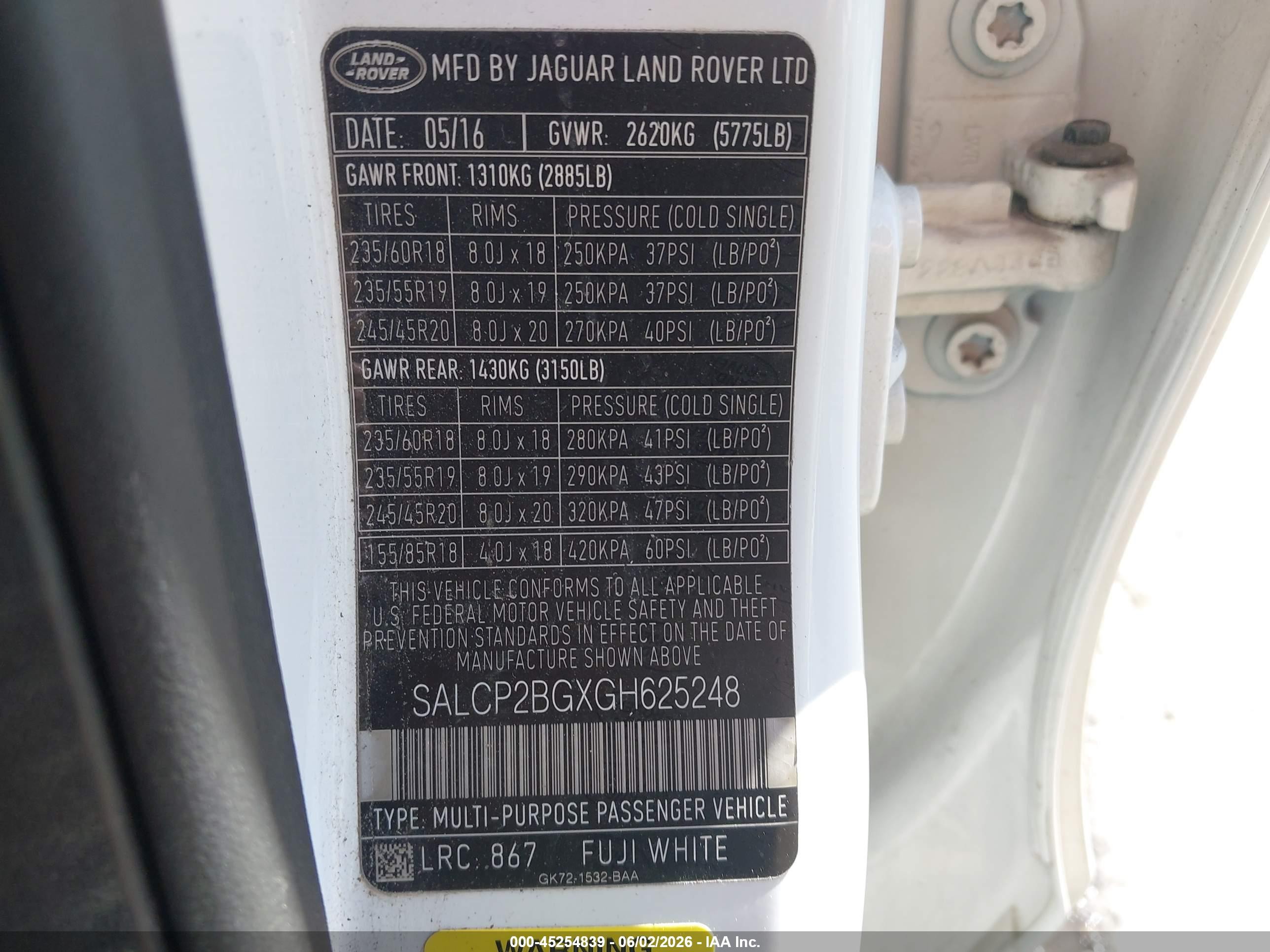 2016 Land Rover Discovery Sport VIN SALCP2BGXGH625248 IAAI salvage auction — Suspension, Salvage (Utah), sold $1,675 on 2026-07-09 (photo 9)