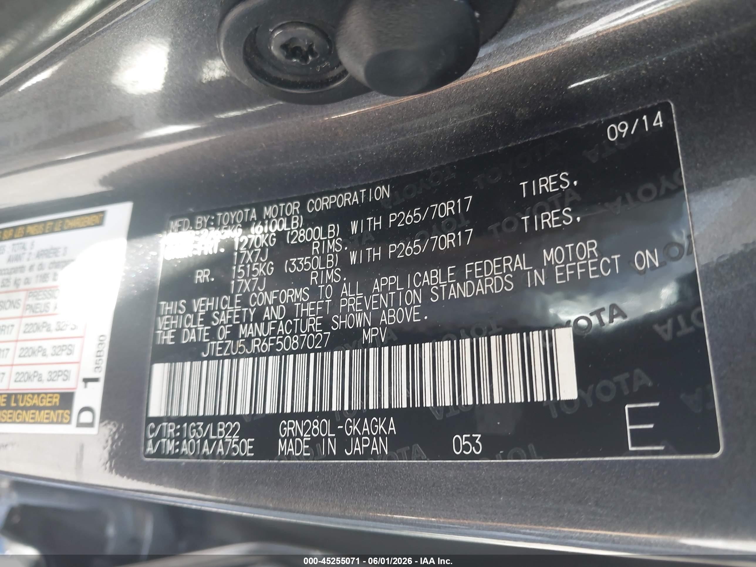 2015 Toyota 4Runner VIN JTEZU5JR6F5087027 IAAI salvage auction — Unknown, Salvage Certificate (California), sold $3,500 on 2026-07-10 (photo 9)