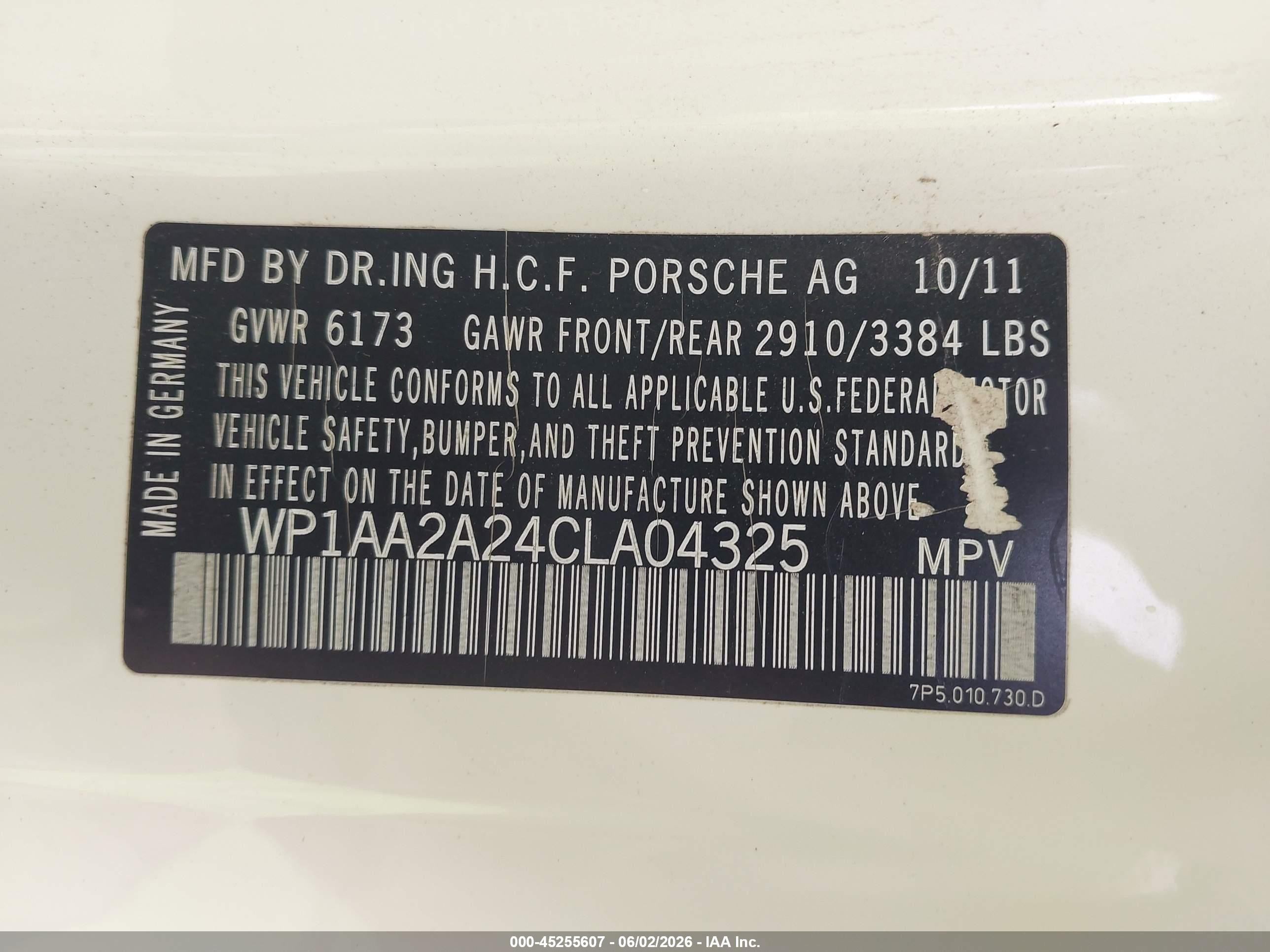2012 Porsche Cayenne VIN WP1AA2A24CLA04325 IAAI salvage auction — Normal Wear, Clear (Kansas), sold $2,000 on 2026-07-01 (photo 9)