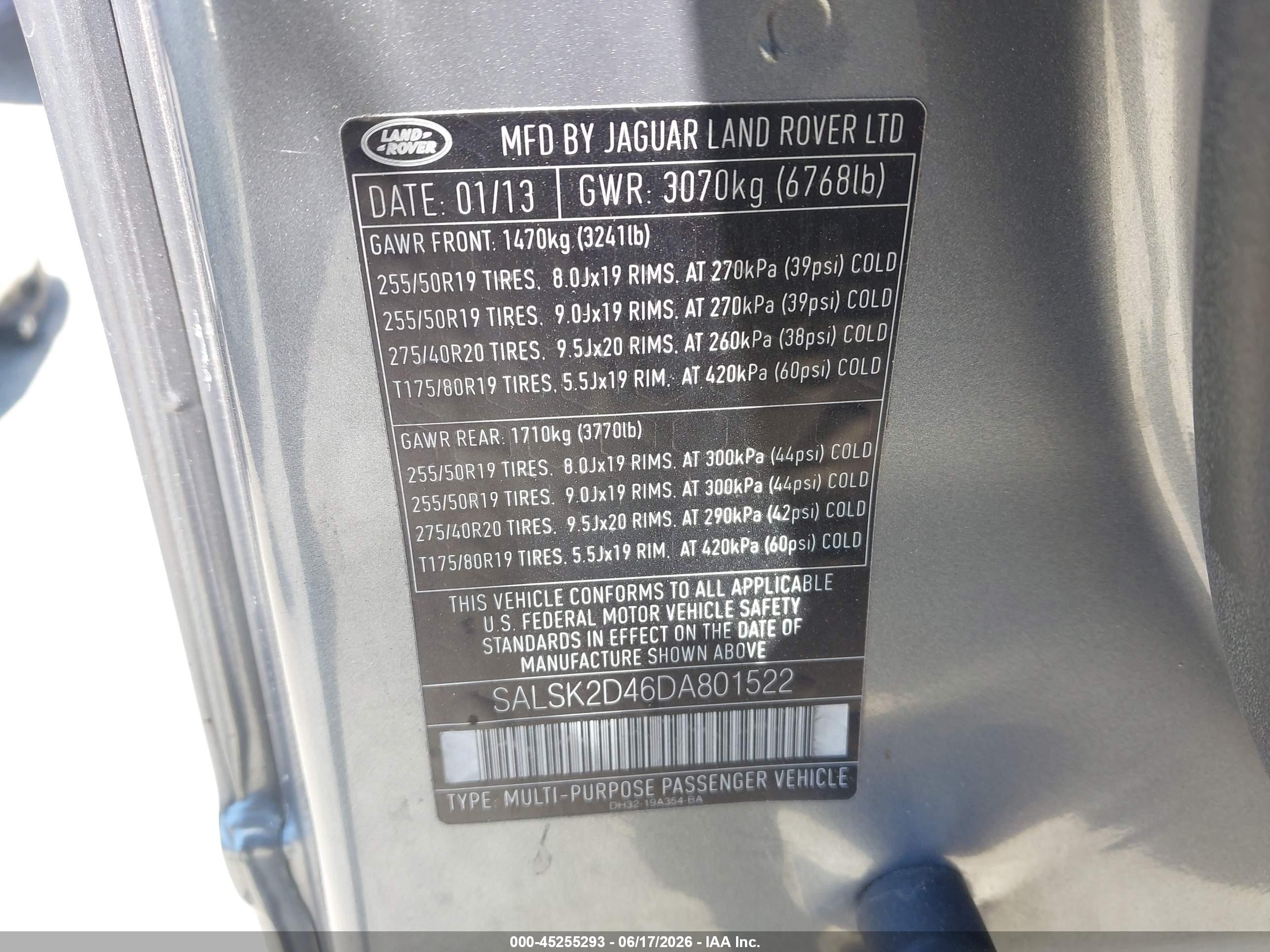 2013 Land Rover Range Rover Sport VIN SALSK2D46DA801522 IAAI salvage auction — Normal Wear, Clear - Dealer Only (California), sold $1,150 on 2026-07-09 (photo 9)