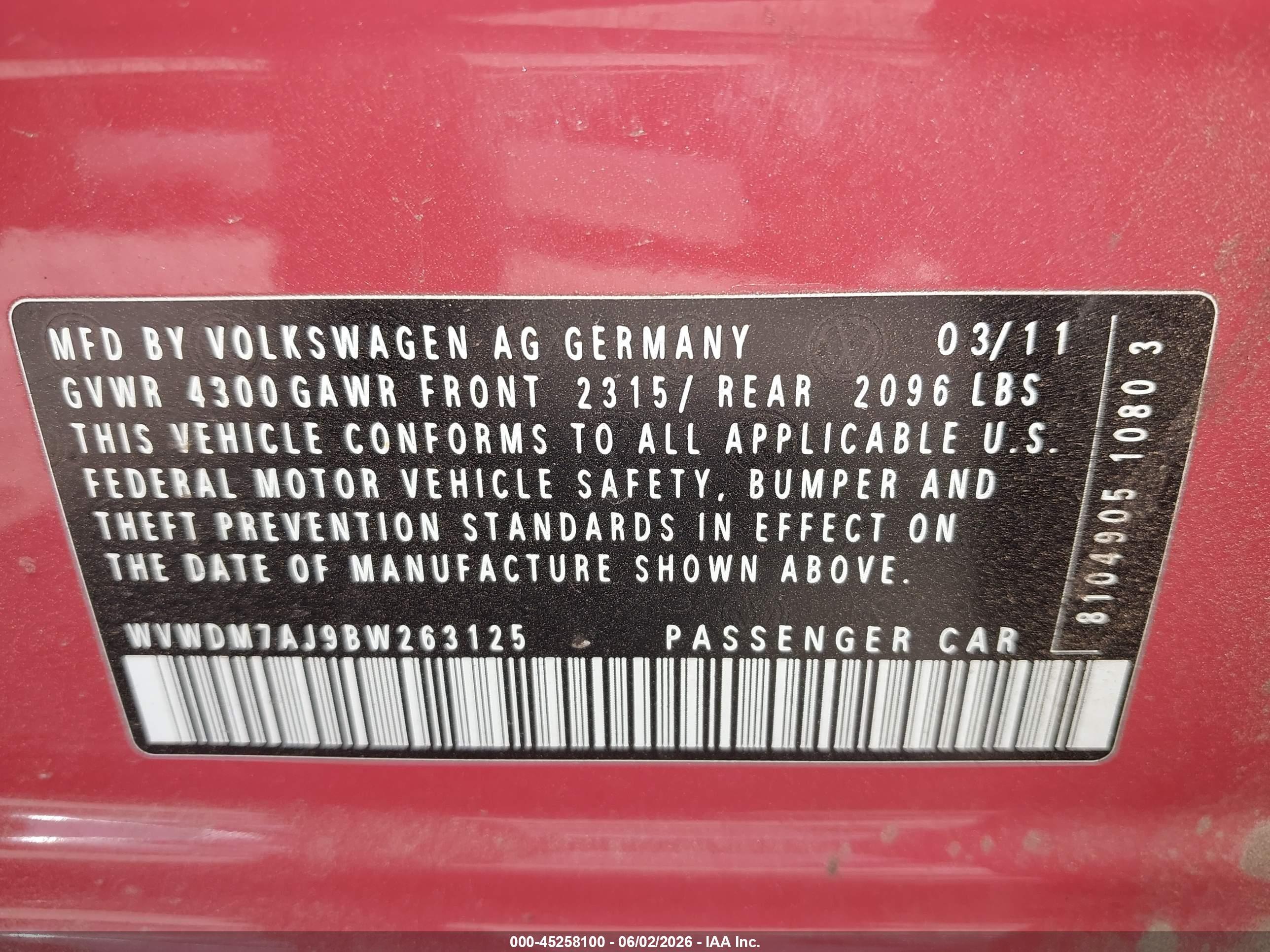 2011 Volkswagen Golf VIN WVWDM7AJ9BW263125 IAAI salvage auction — Side, Junk Bill Of Sale Mv2459 (Wisconsin), sold $1,800 on 2021-02-17 (photo 9)