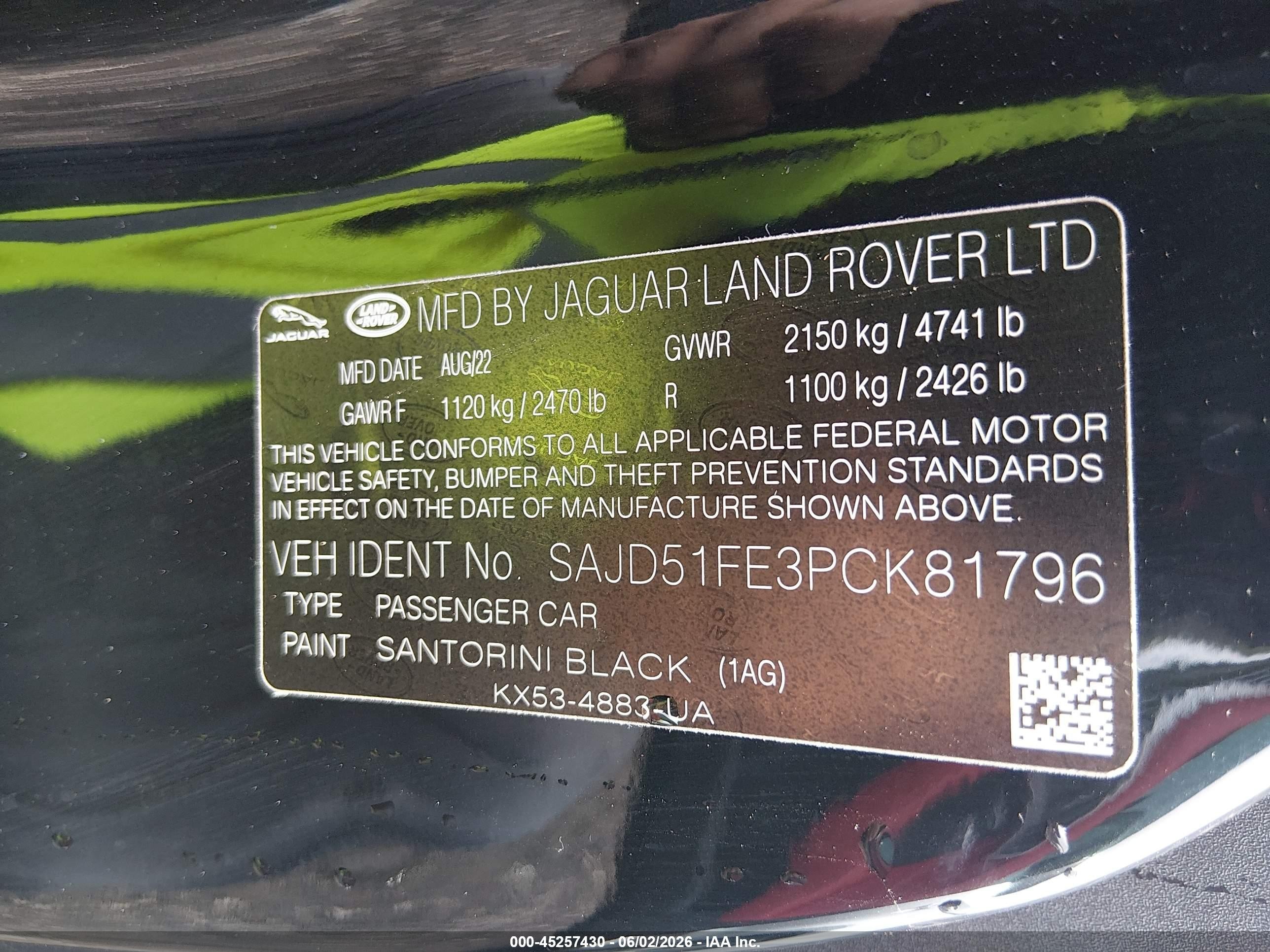 2023 Jaguar F-type VIN SAJD51FE3PCK81796 IAAI salvage auction — Side, Clear (Oklahoma), sold $39,700 on 2026-08-11 (photo 9)