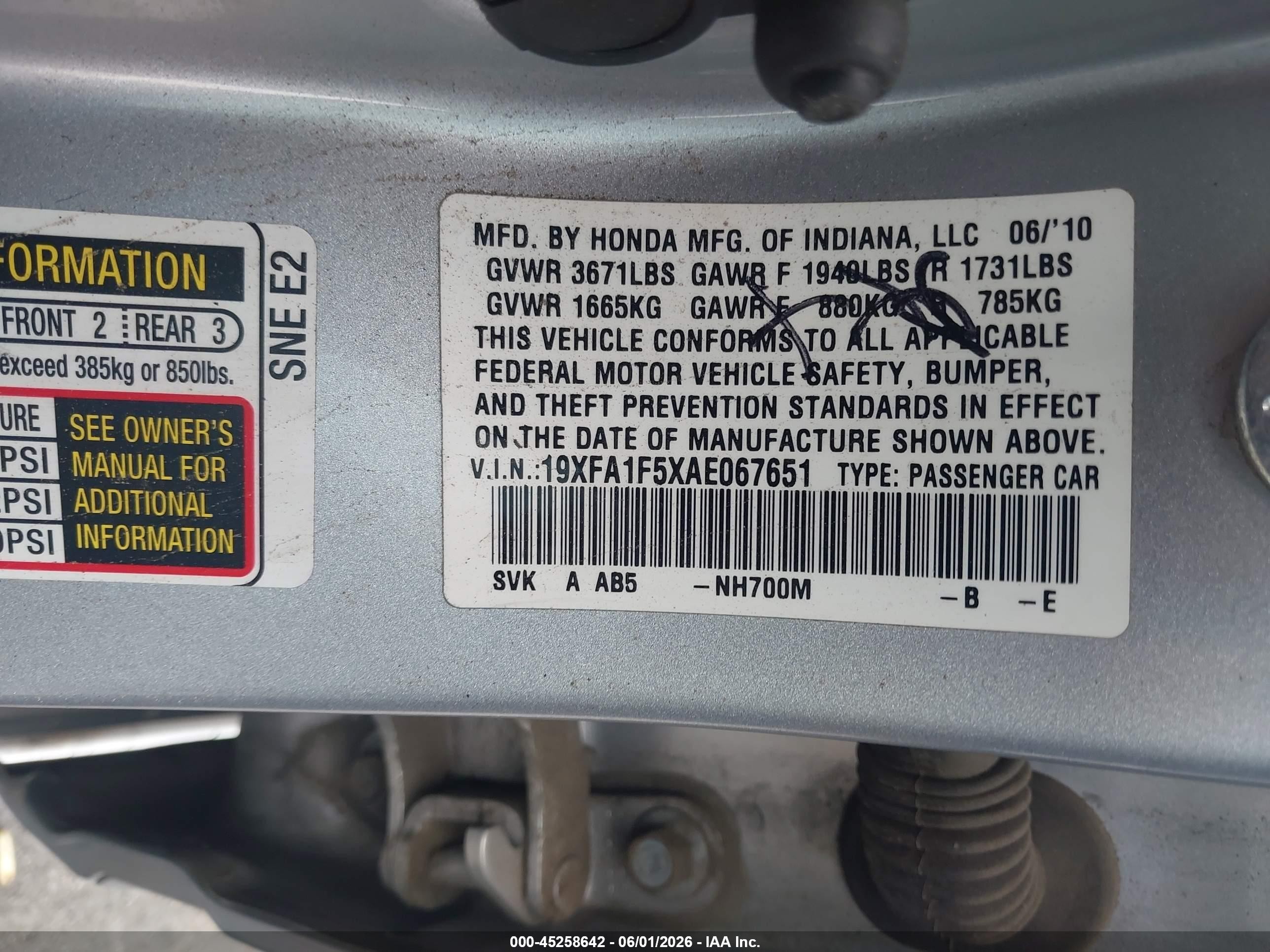 2010 Honda Civic VIN 19XFA1F5XAE067651 IAAI salvage auction — Front End, Salvage (California), sold $350 on 2026-07-09 (photo 9)