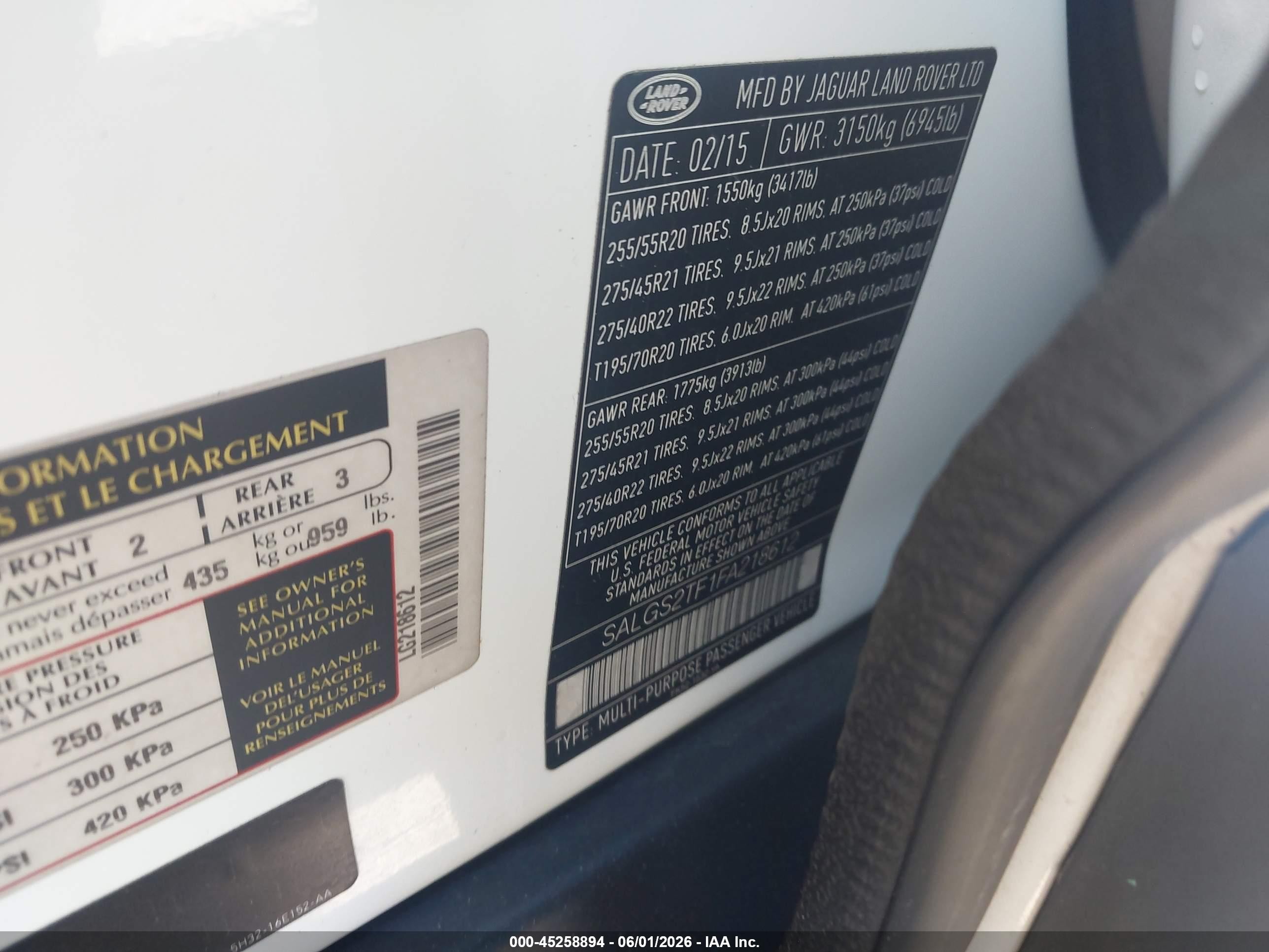 2015 Land Rover Range Rover VIN SALGS2TF1FA218612 IAAI salvage auction — Normal Wear, Clear (New York), sold $1,600 on 2026-06-30 (photo 9)
