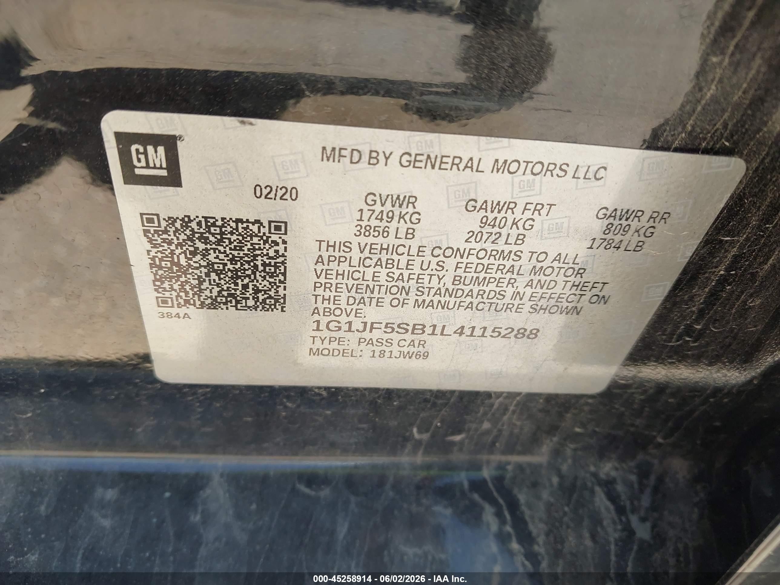 2020 Chevrolet Sonic VIN 1G1JF5SB1L4115288 IAAI salvage auction — Engine Damage, Salvage (Texas), sold $325 on 2026-07-09 (photo 9)