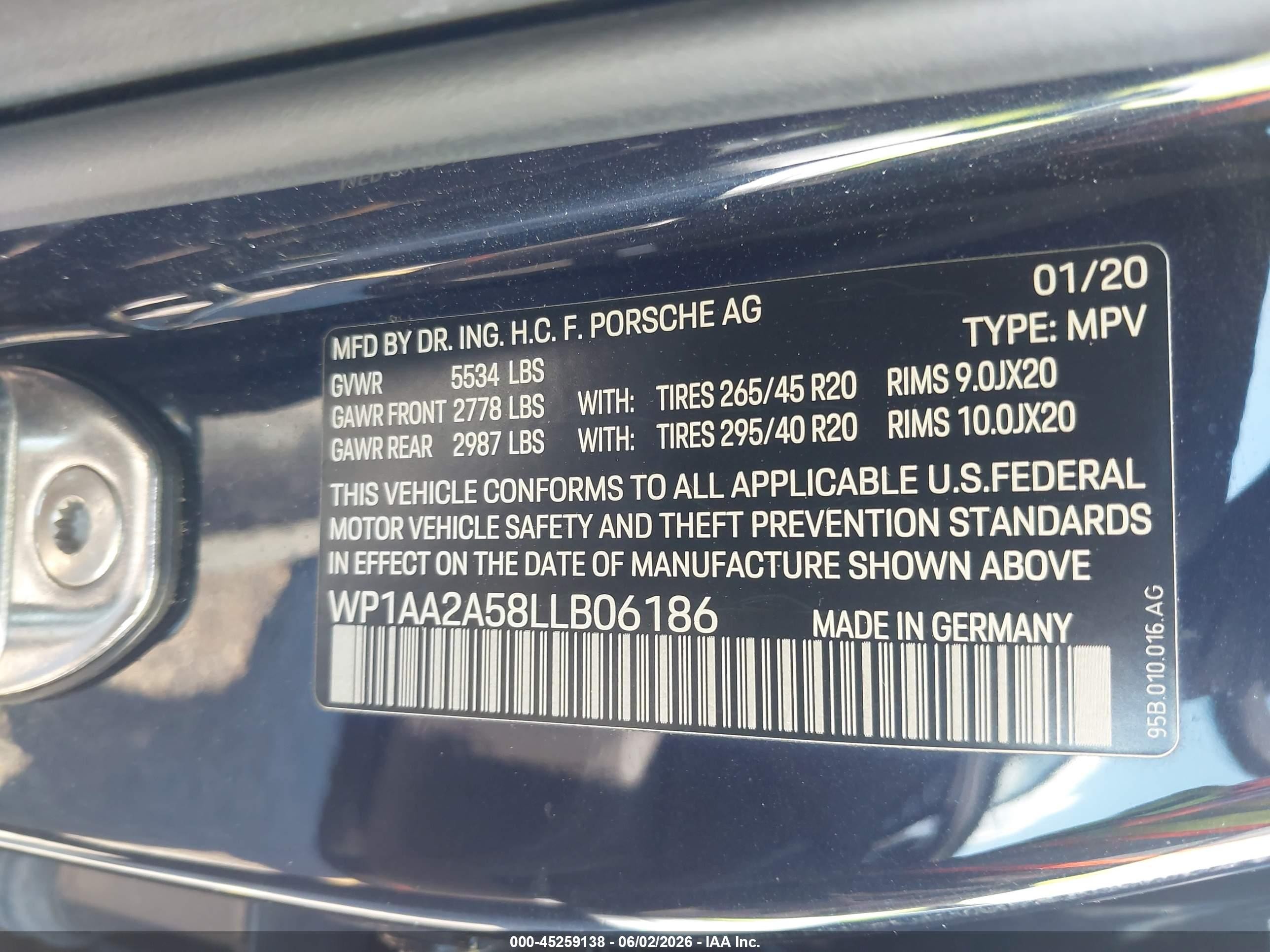 2020 Porsche Macan VIN WP1AA2A58LLB06186 IAAI salvage auction — Front End, Salvage (Texas), sold $11,600 on 2026-07-01 (photo 9)