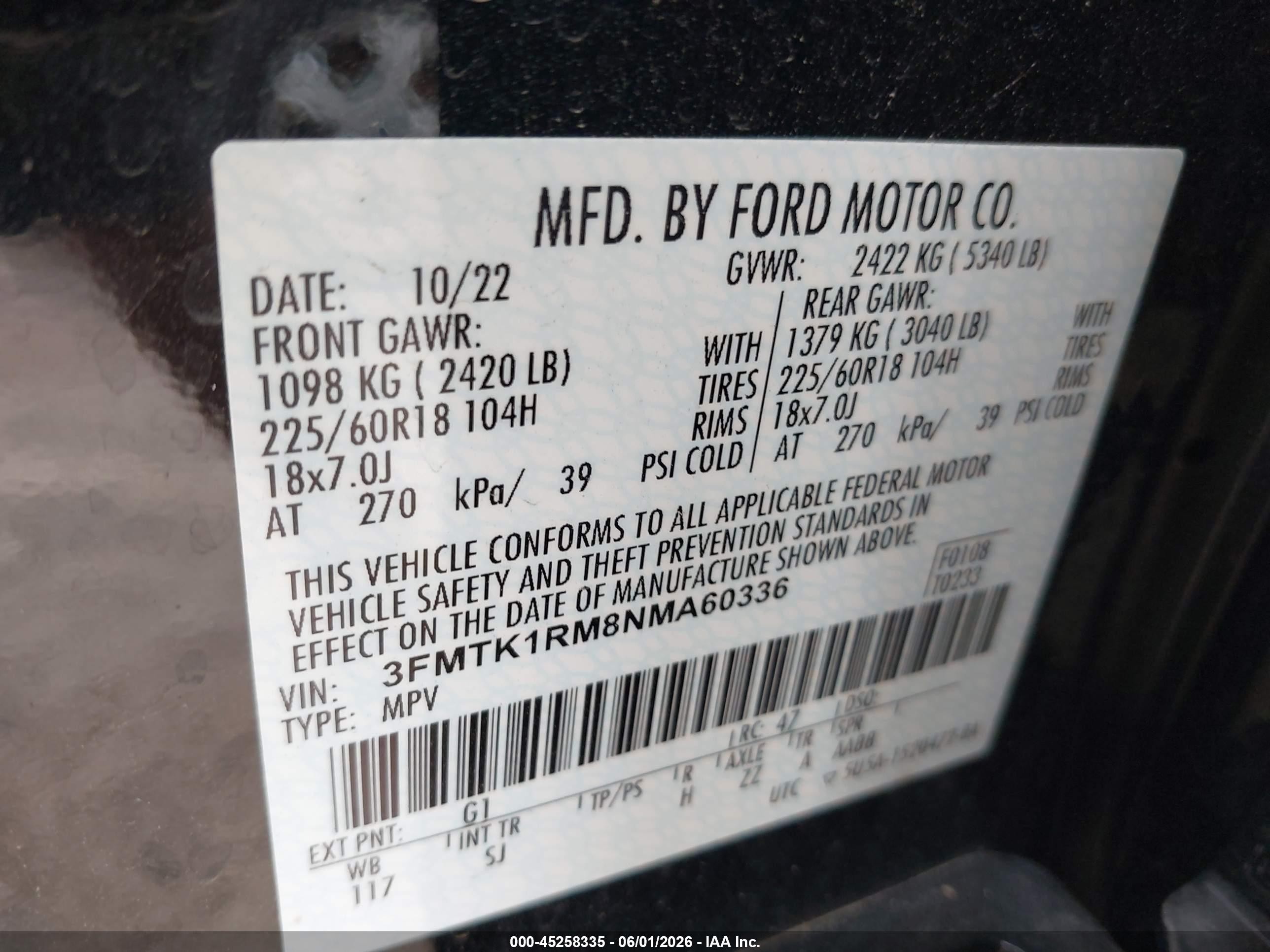 2022 Ford Mustang Mach-E VIN 3FMTK1RM8NMA60336 IAAI salvage auction — Front End, Salvage (Indiana), sold $8,800 on 2026-07-11 (photo 9)