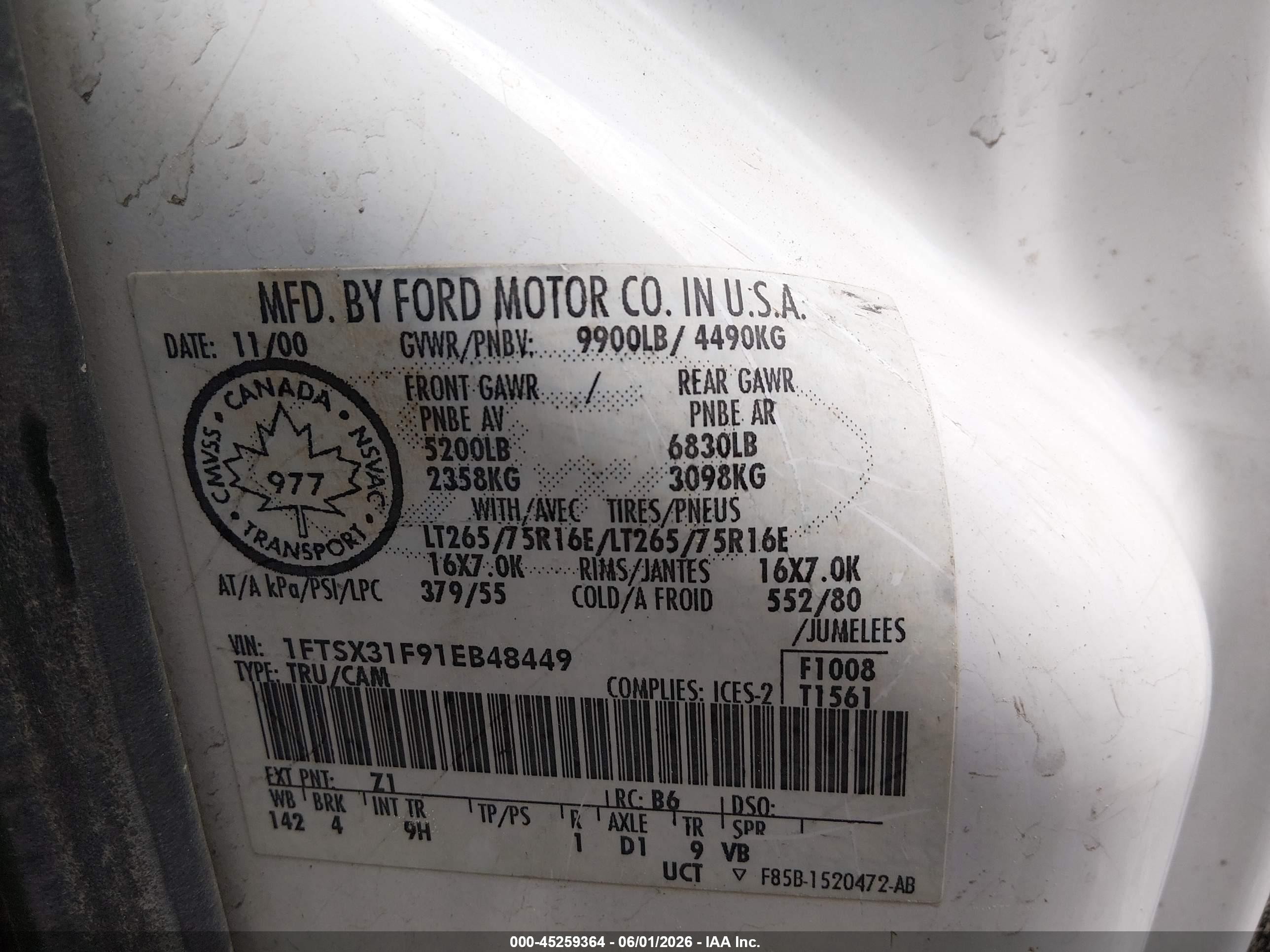 2001 Ford F-350 VIN 1FTSX31F91EB48449 IAAI salvage auction — Side, Salvage (Utah), sold $950 on 2026-07-09 (photo 9)