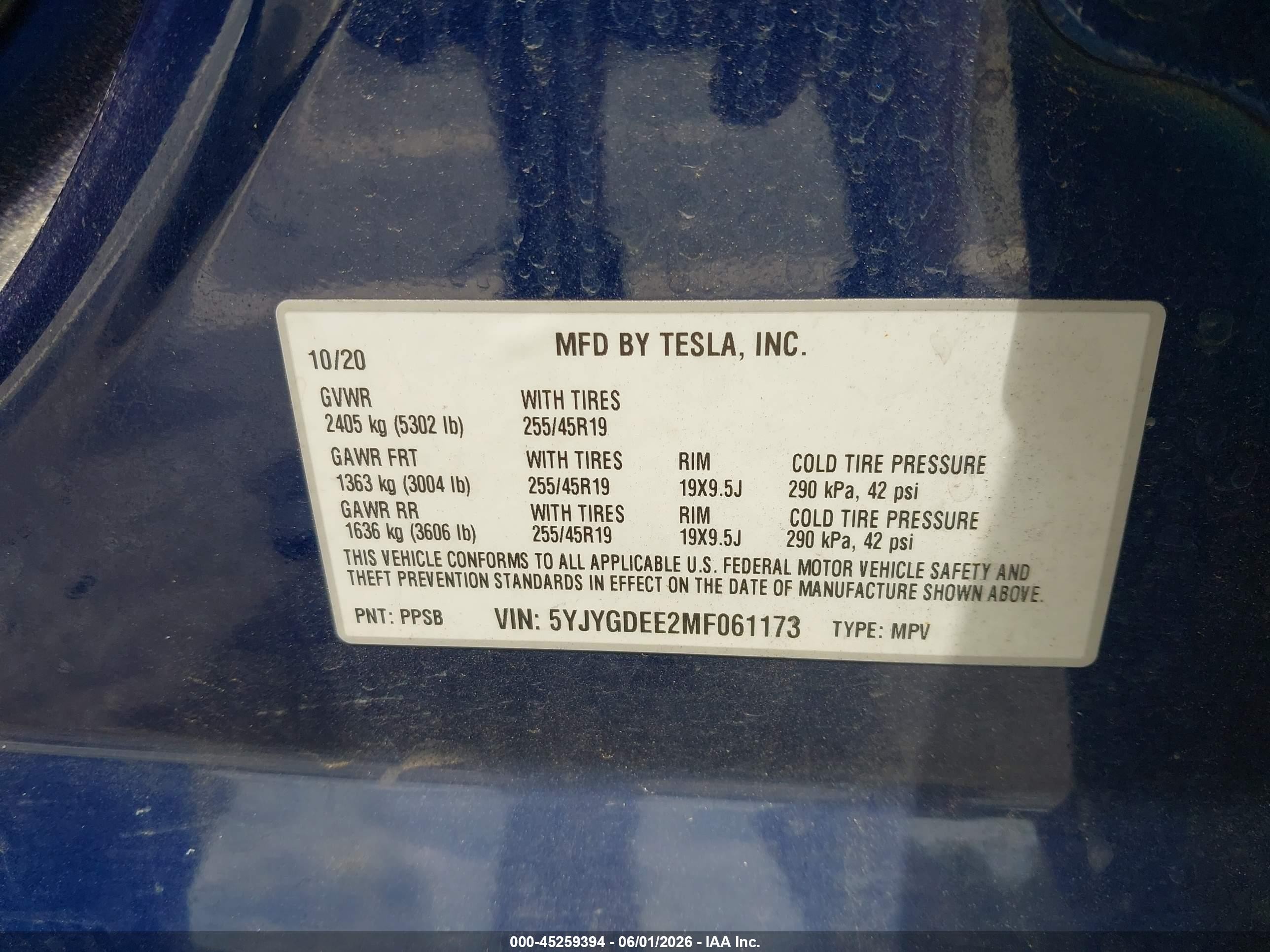2021 Tesla Model Y VIN 5YJYGDEE2MF061173 IAAI salvage auction — Rear End, Salvage (North Carolina), sold $4,650 on 2026-07-11 (photo 9)