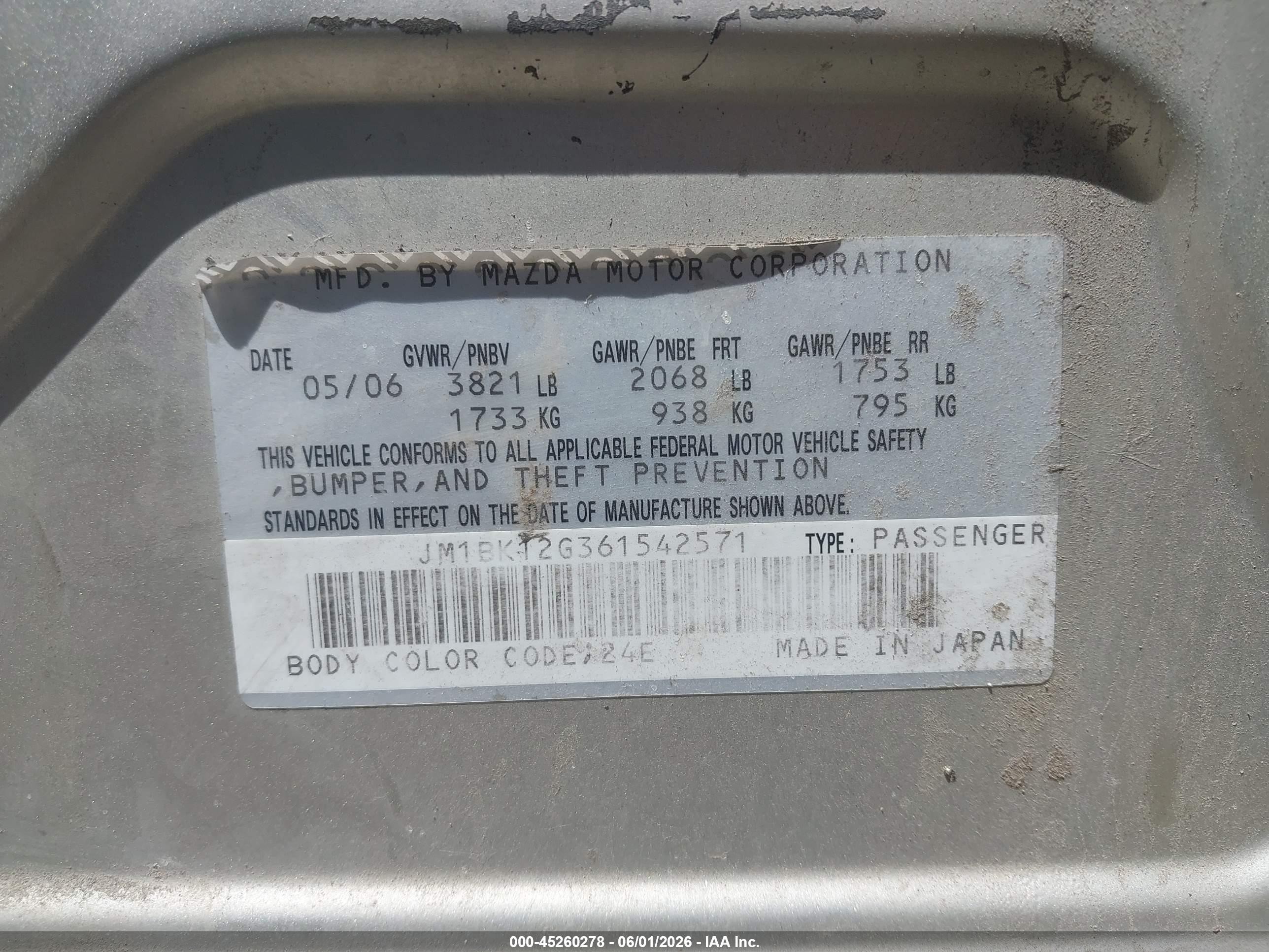 2006 Mazda 3 VIN JM1BK12G361542571 IAAI salvage auction — Side, Salvage (Utah), sold $250 on 2026-07-09 (photo 9)