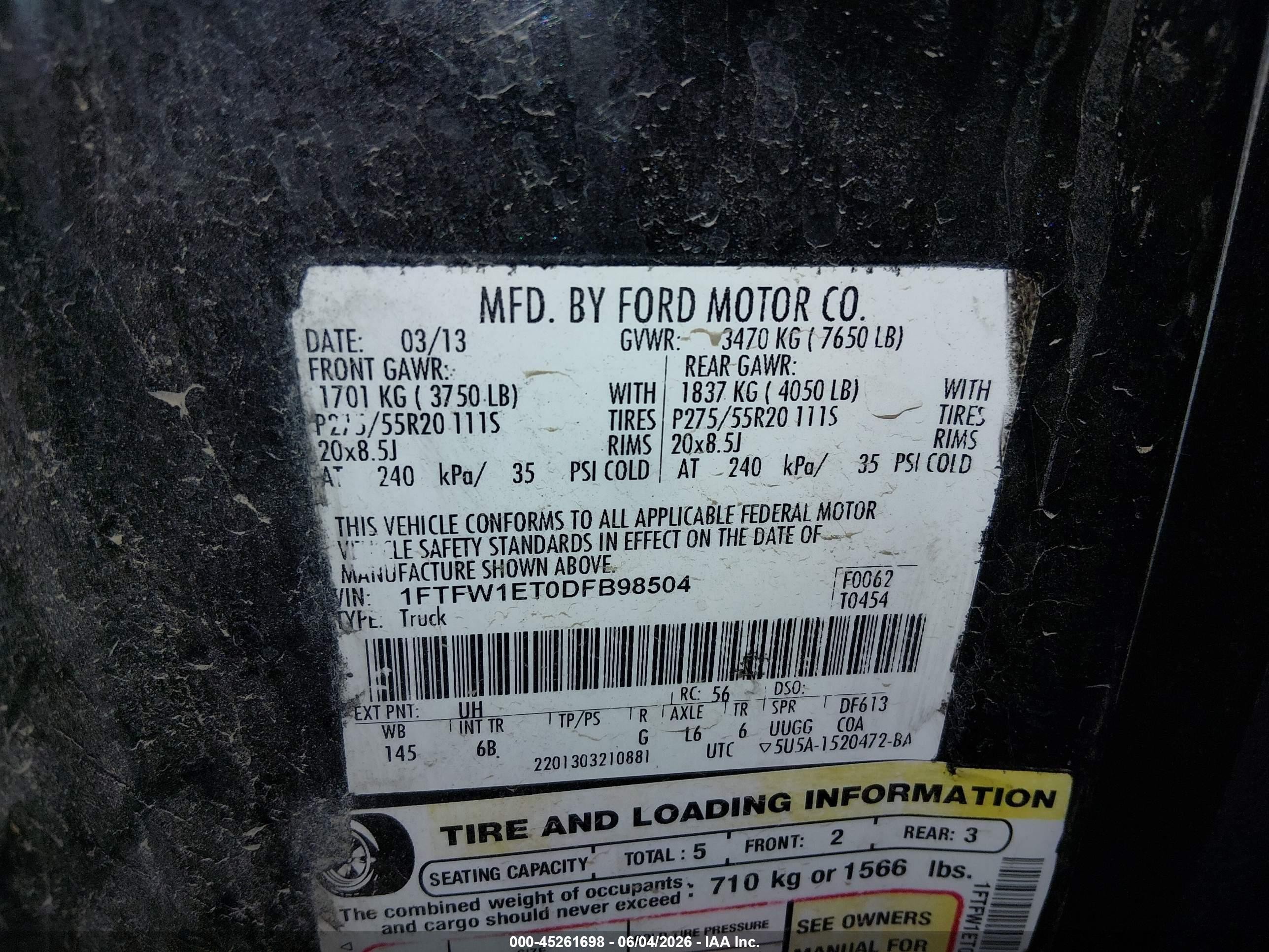 2013 Ford F-150 VIN 1FTFW1ET0DFB98504 IAAI salvage auction — Unknown, Salvage (Idaho), sold $1,600 on 2026-07-10 (photo 9)
