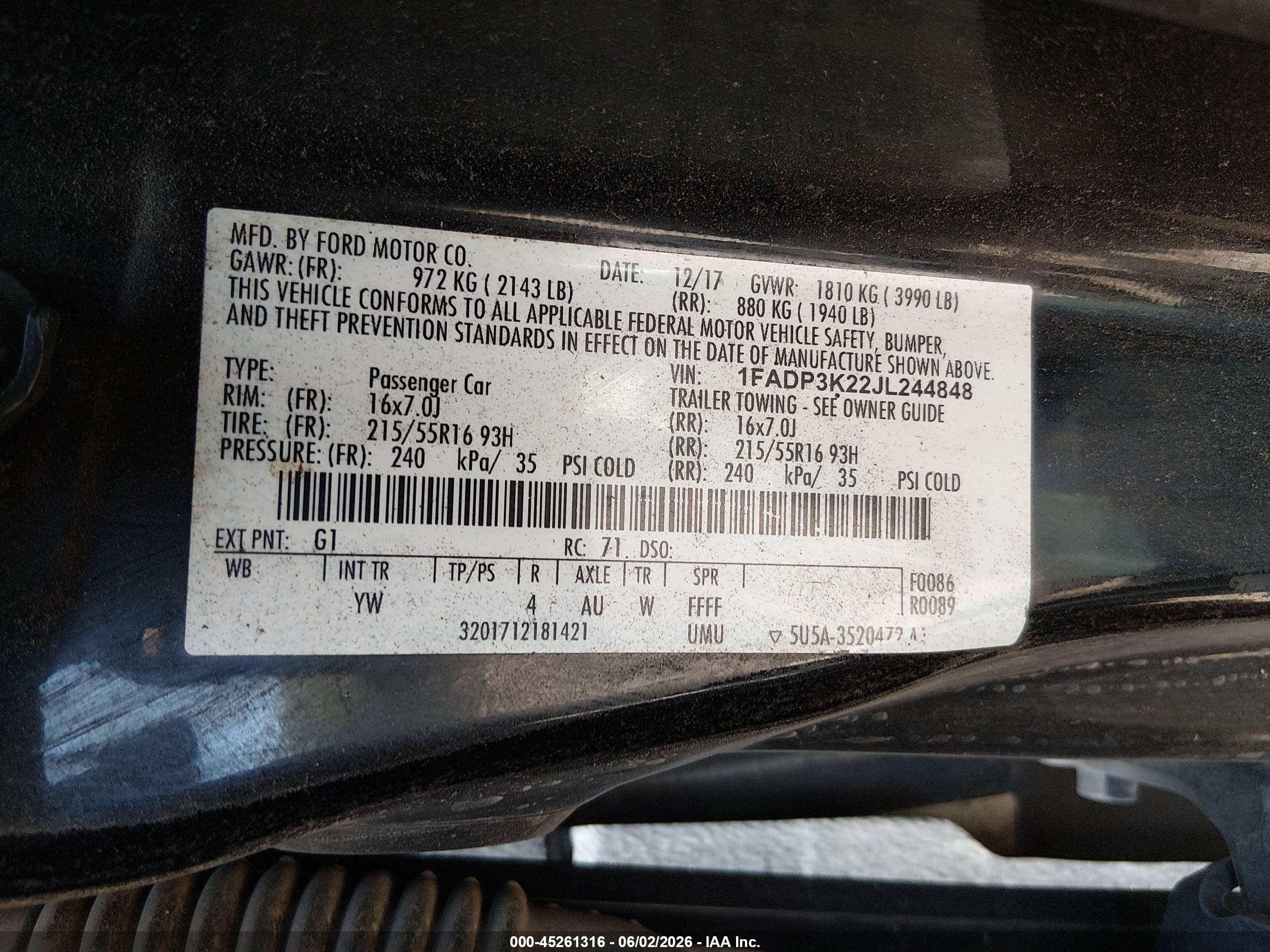 2018 Ford Focus VIN 1FADP3K22JL244848 IAAI salvage auction — Biohazard/Chemical, Salvage (Arizona), sold $225 on 2026-07-09 (photo 9)