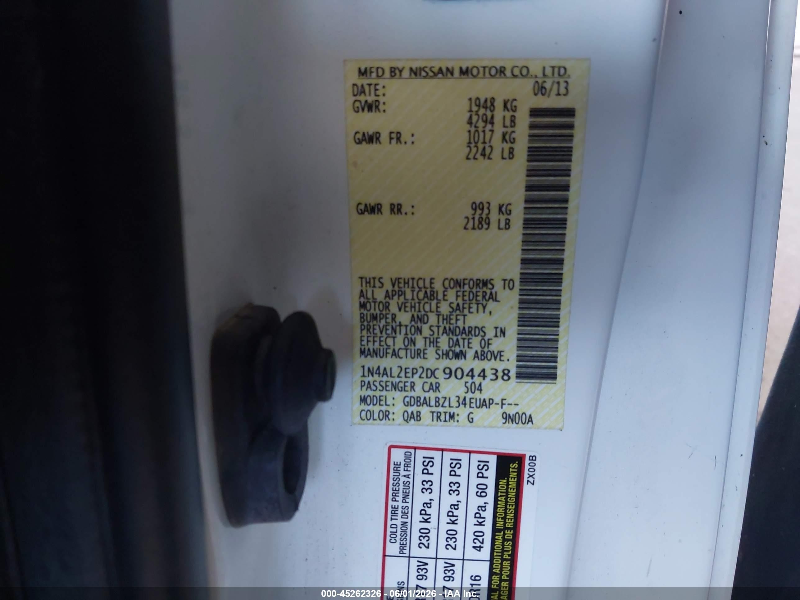 2013 Nissan Altima VIN 1N4AL2EP2DC904438 IAAI salvage auction — Front End, Salvage (California), sold $350 on 2026-07-02 (photo 9)