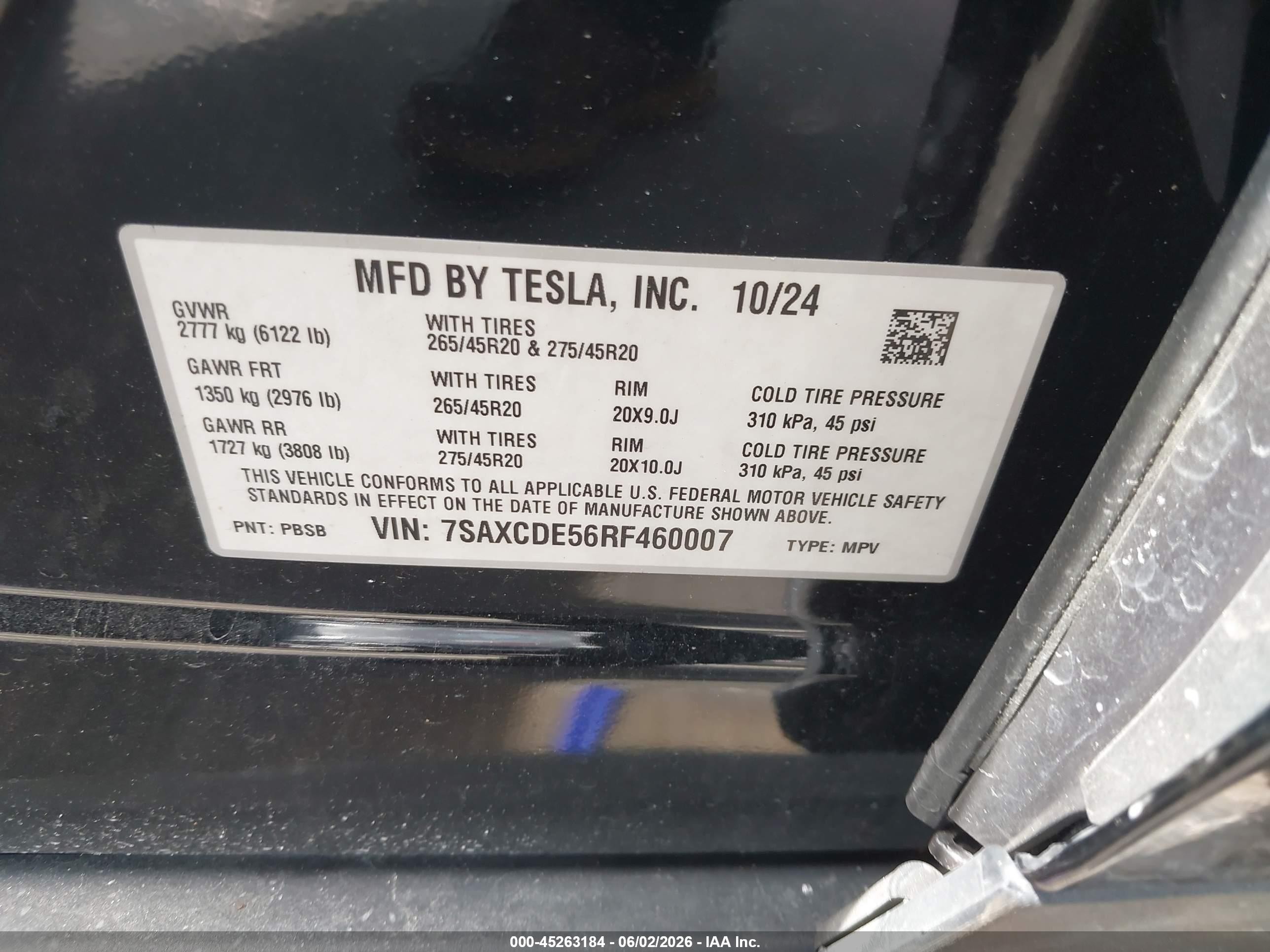 2024 Tesla Model x VIN 7SAXCDE56RF460007 IAAI salvage auction — Unknown, Rebuildable (Florida), sold $19,000 on 2026-08-13 (photo 9)