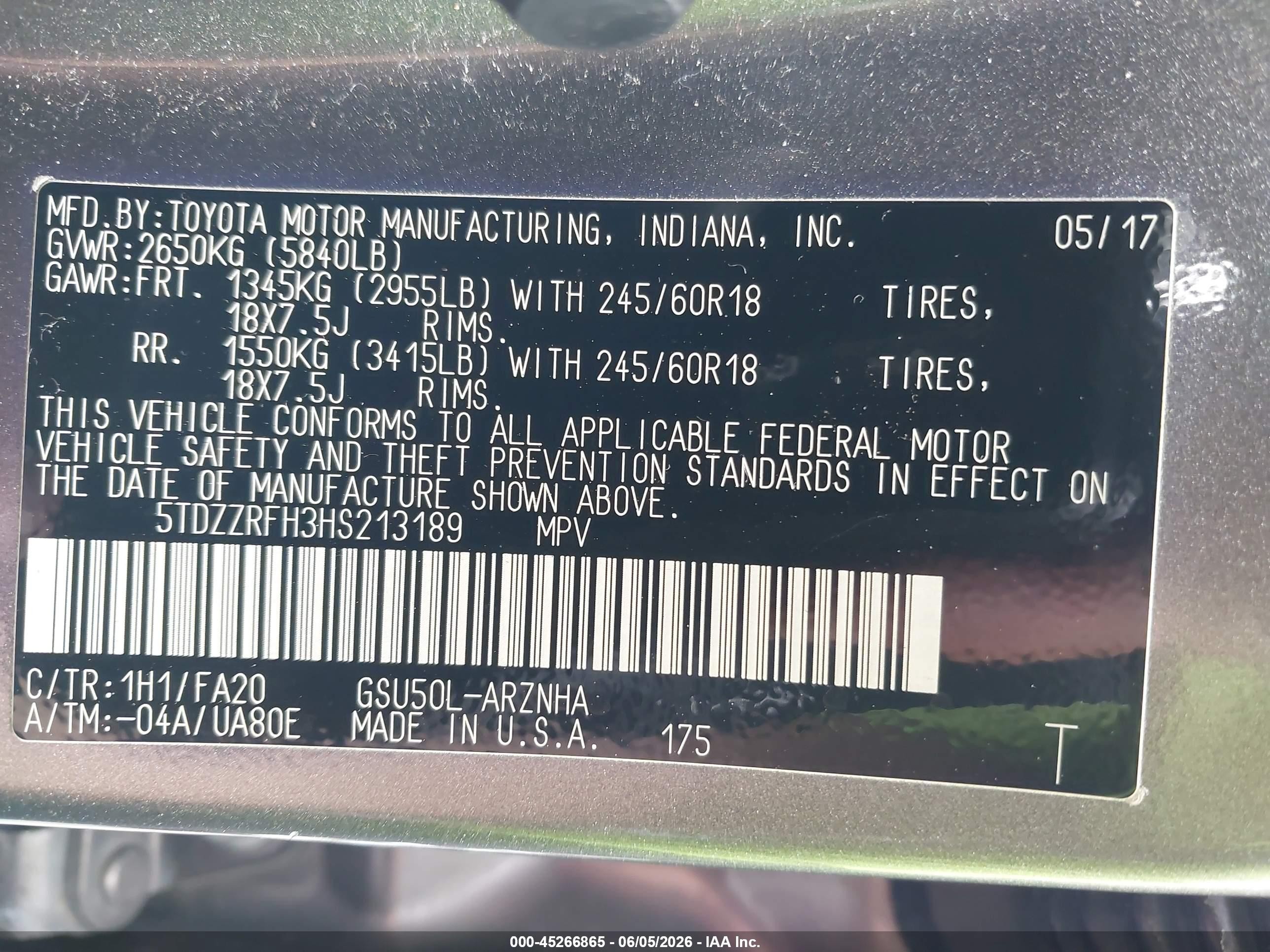 2017 Toyota Highlander VIN 5TDZZRFH3HS213189 IAAI salvage auction — Side, Salvage Certificate (California), sold $5,100 on 2026-07-11 (photo 9)