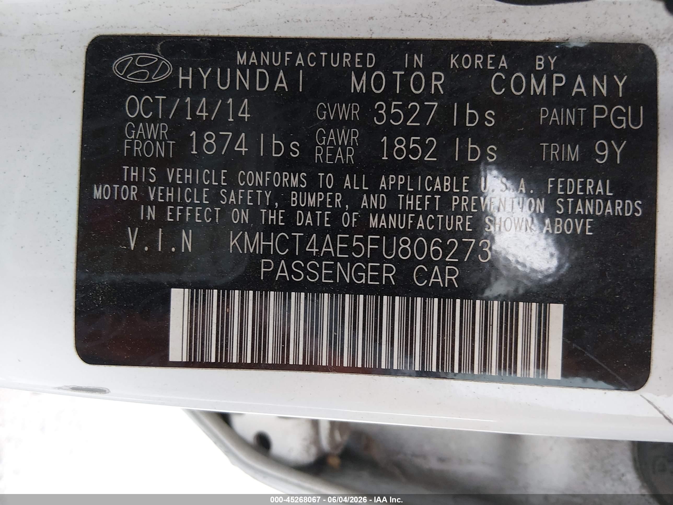 2015 Hyundai Accent VIN KMHCT4AE5FU806273 IAAI salvage auction — Normal Wear, Salvage (California), sold $425 on 2026-07-09 (photo 9)