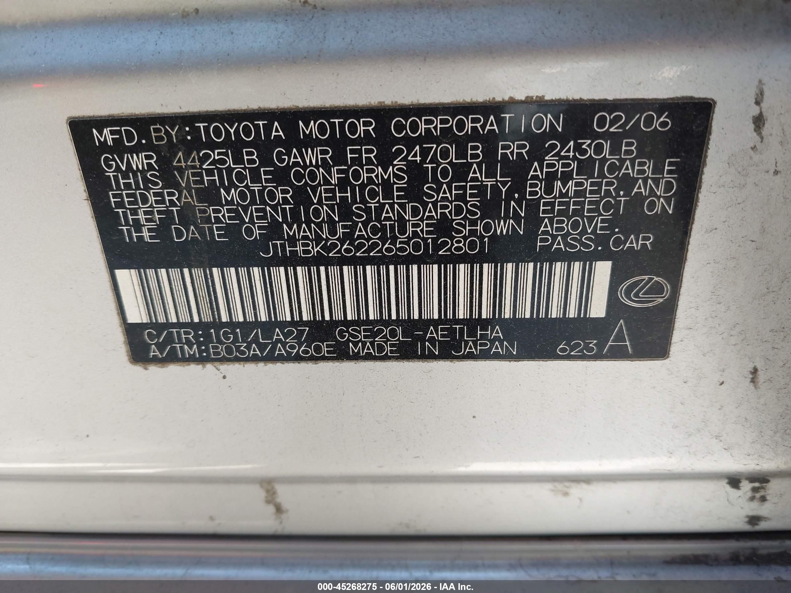 2006 Lexus IS 250 VIN JTHBK262265012801 IAAI salvage auction — Normal Wear, Salvage Title - Dealer (California), sold $450 on 2026-07-02 (photo 9)