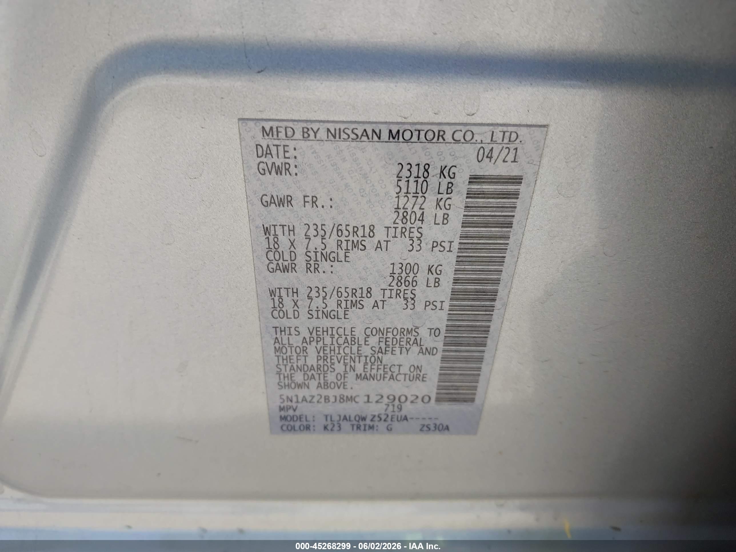 2021 Nissan Murano VIN 5N1AZ2BJ8MC129020 IAAI salvage auction — Unknown, Salvage (Arizona), sold $1,775 on 2026-07-09 (photo 9)