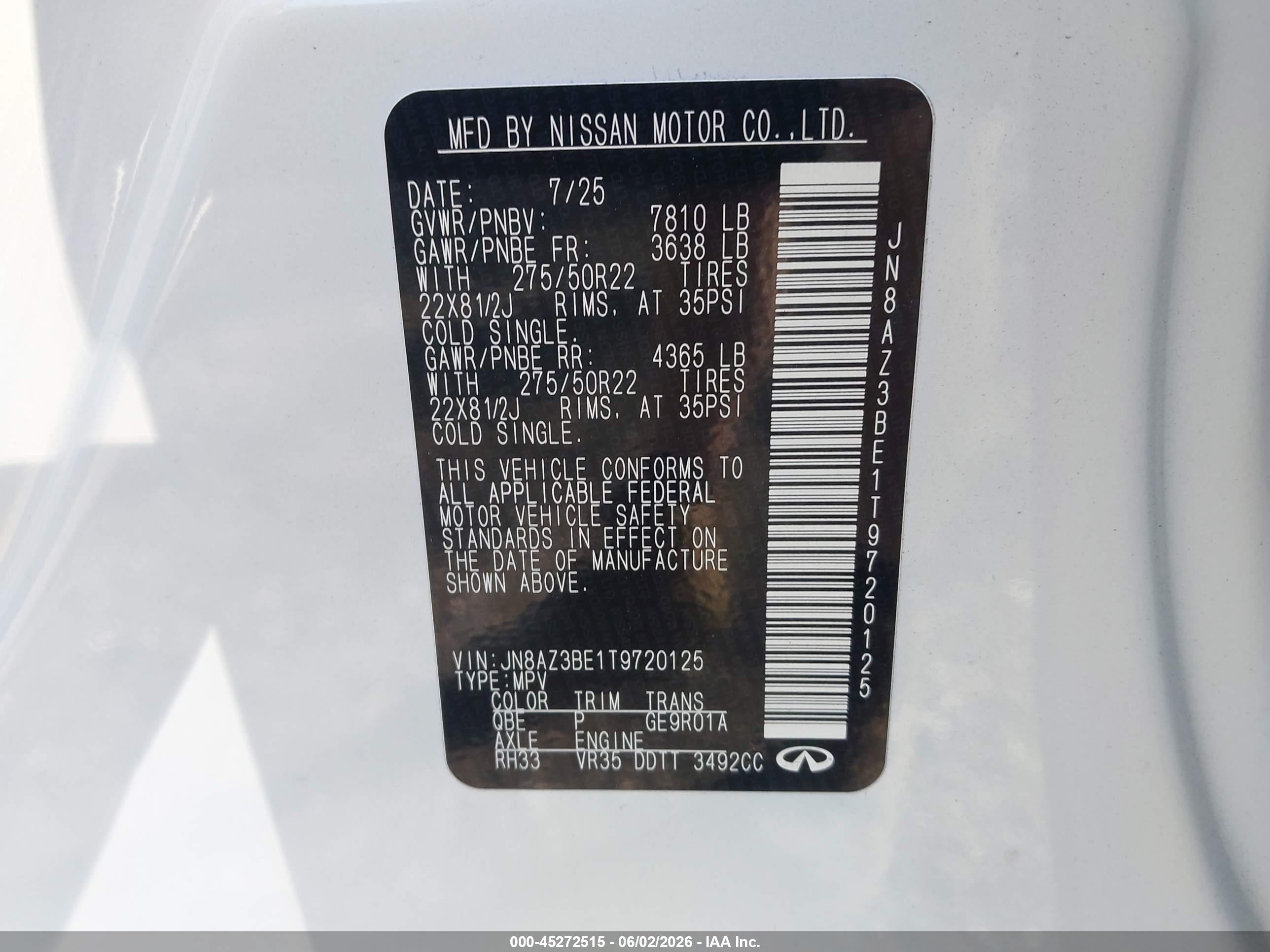 2026 Infiniti QX80 VIN JN8AZ3BE1T9720125 IAAI salvage auction — Front End, Salvage (New Jersey), sold $37,900 on 2026-08-17 (photo 9)