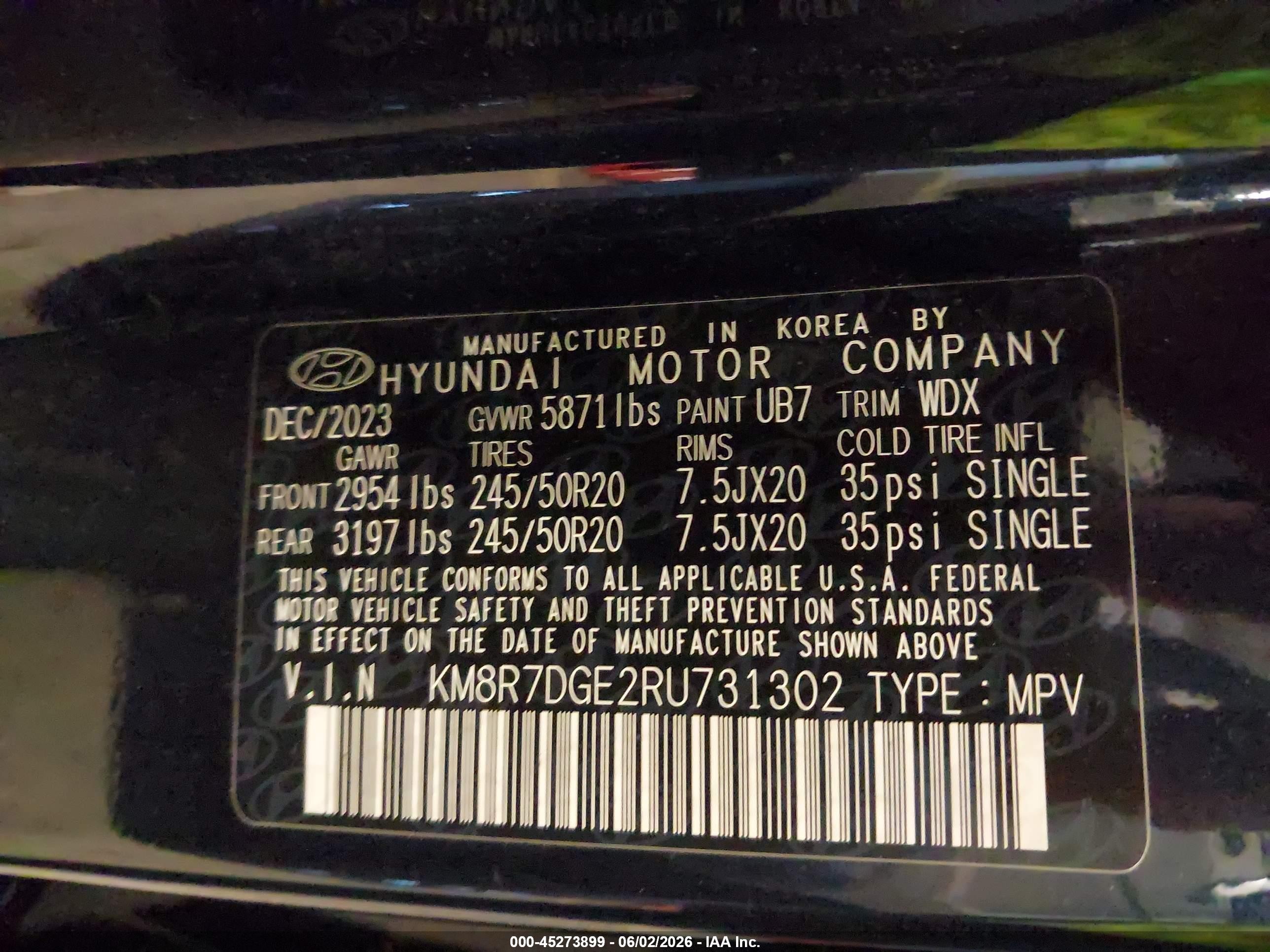 2024 Hyundai Palisade VIN KM8R7DGE2RU731302 IAAI salvage auction — Front End, Salvage (Oregon), sold $12,500 on 2026-07-03 (photo 9)