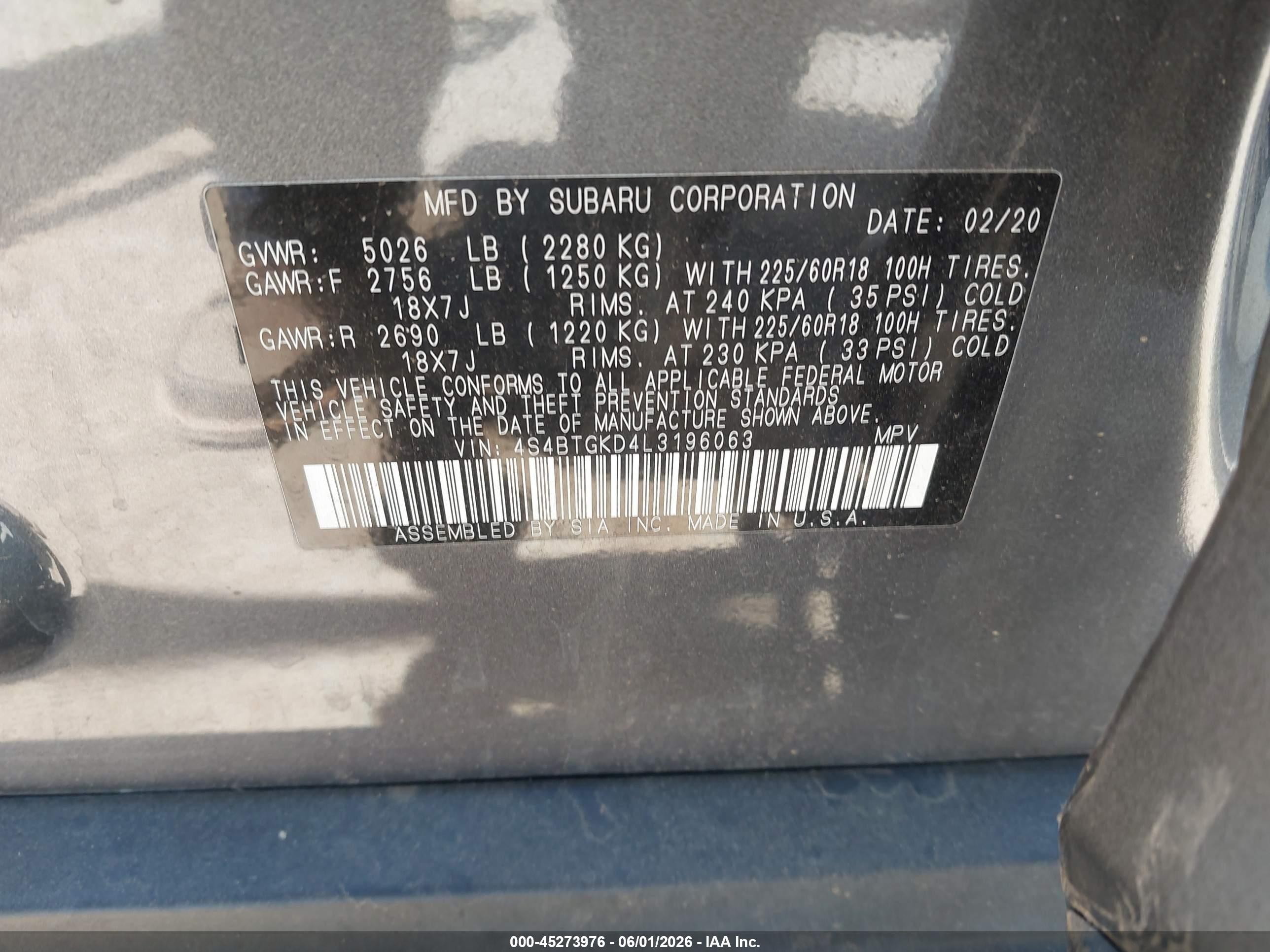 2020 Subaru Outback VIN 4S4BTGKD4L3196063 IAAI salvage auction — Front End, Salvage (California), sold $2,850 on 2026-07-09 (photo 9)