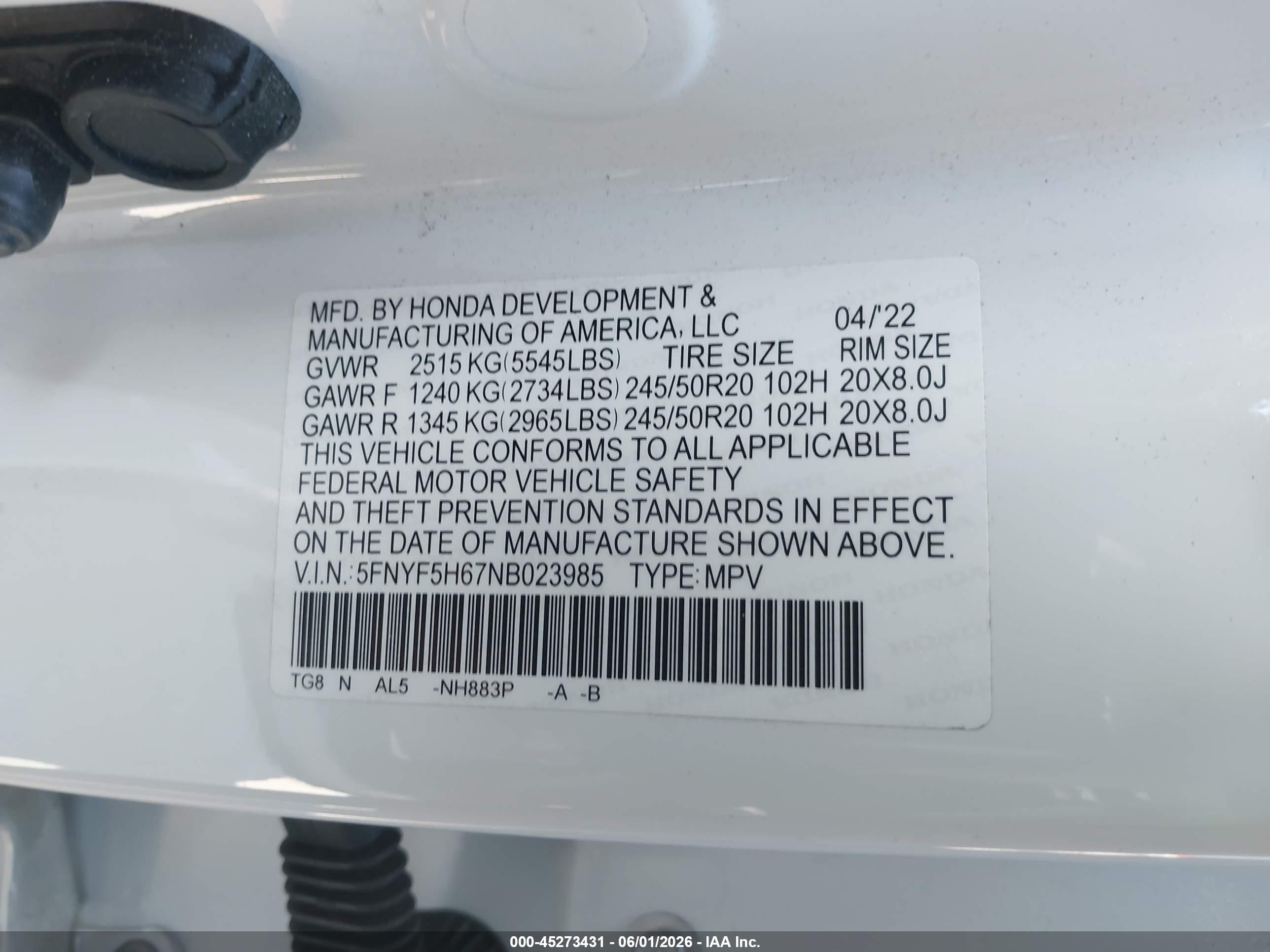 2022 Honda Pilot VIN 5FNYF5H67NB023985 IAAI salvage auction — Front End, Salvage (California), sold $9,000 on 2026-07-10 (photo 9)