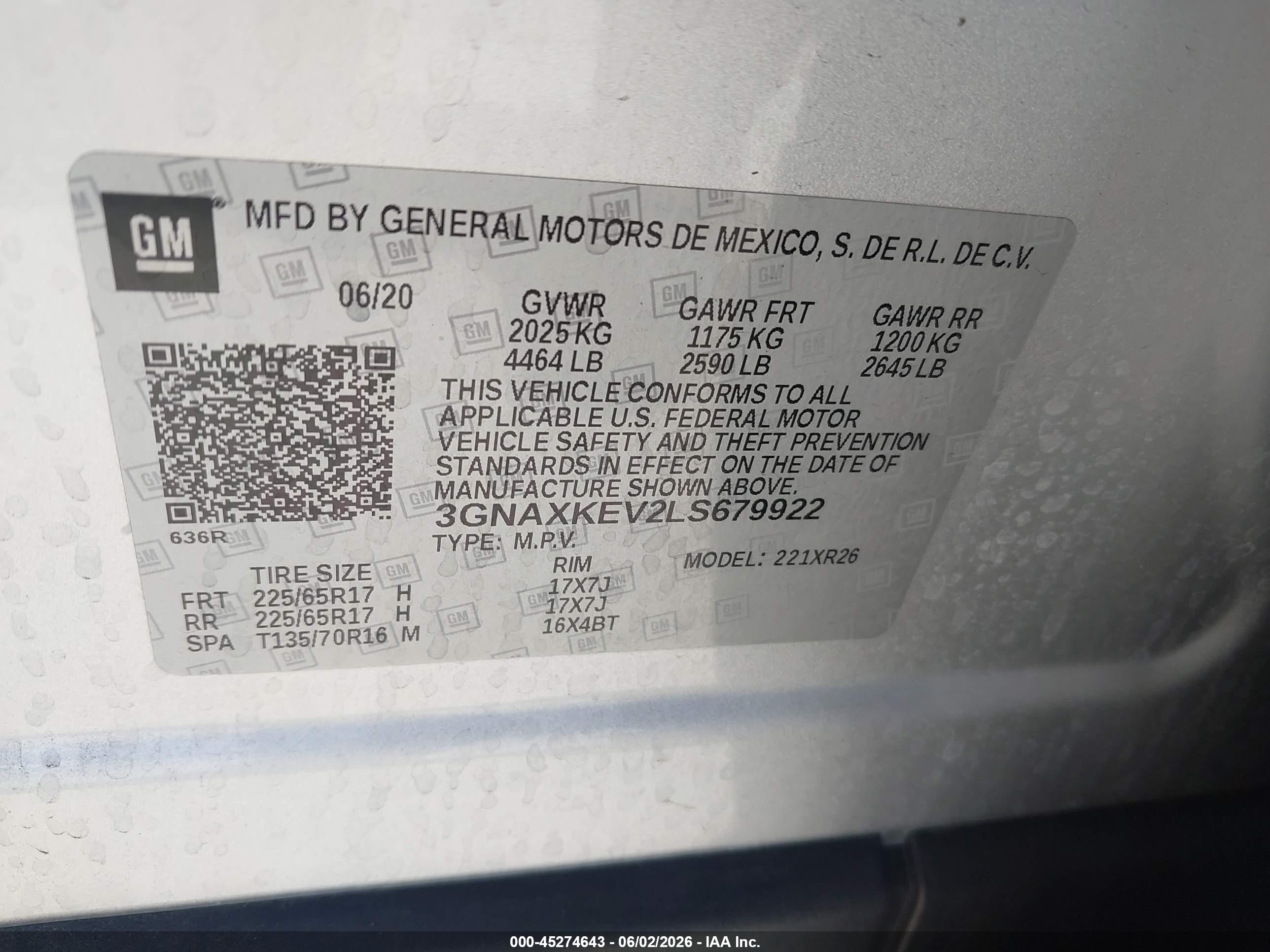 2020 Chevrolet Equinox VIN 3GNAXKEV2LS679922 IAAI salvage auction — Front End, Salvage (California), sold $1,200 on 2026-07-12 (photo 9)
