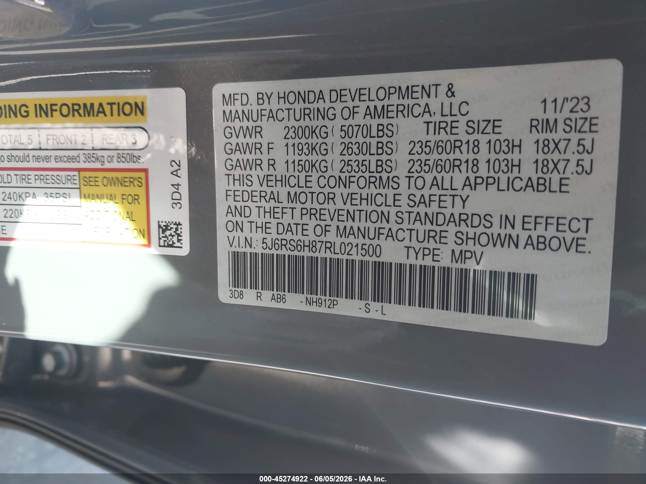 2024 Honda CR-V VIN 5J6RS6H87RL021500 IAAI salvage auction — Front End, Salvage Certificate (California), sold $11,100 on 2026-07-10 (photo 9)