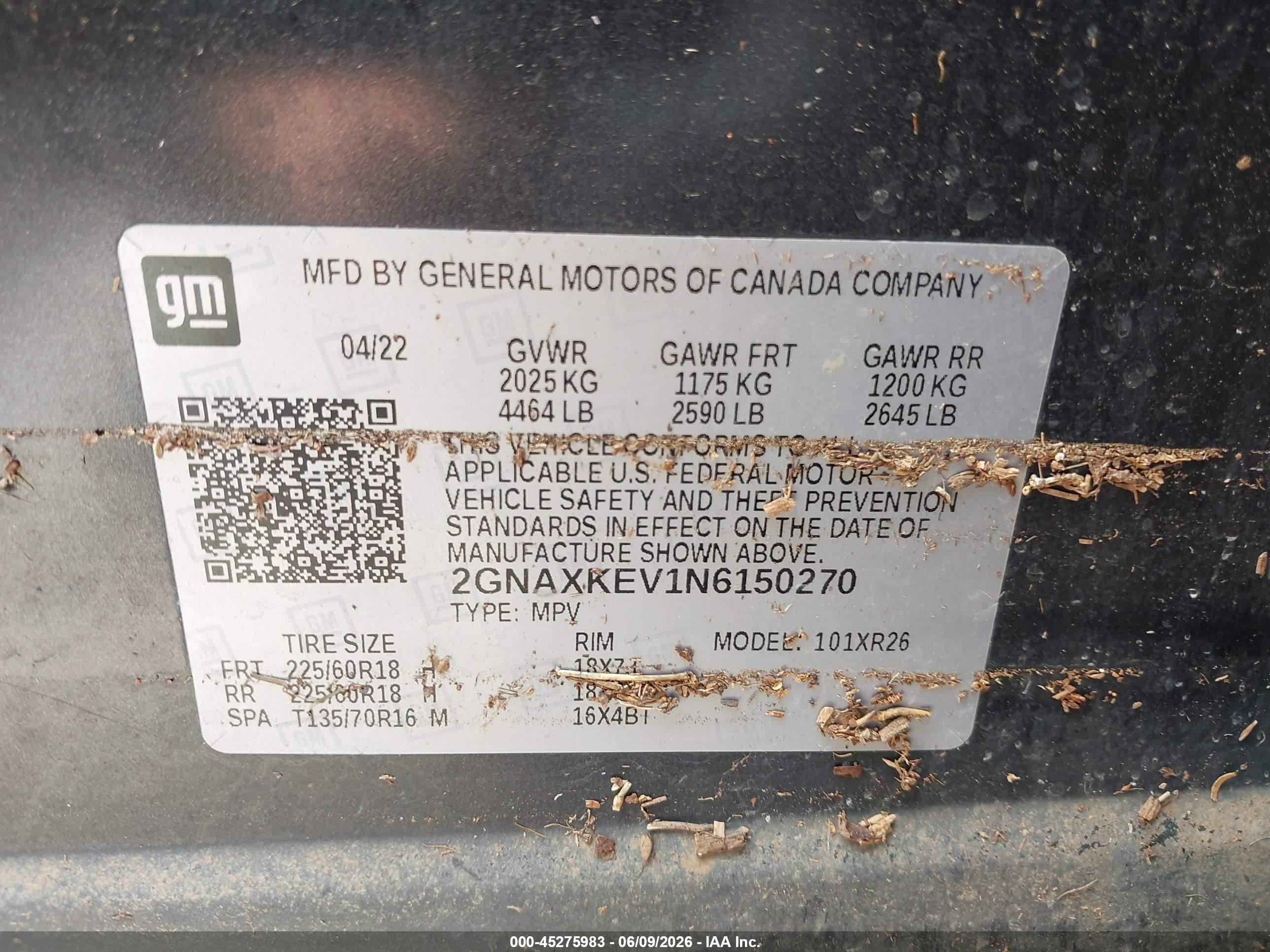 2022 Chevrolet Equinox VIN 2GNAXKEV1N6150270 IAAI salvage auction — Unknown, Salvage (Texas), sold $3,300 on 2026-07-10 (photo 9)