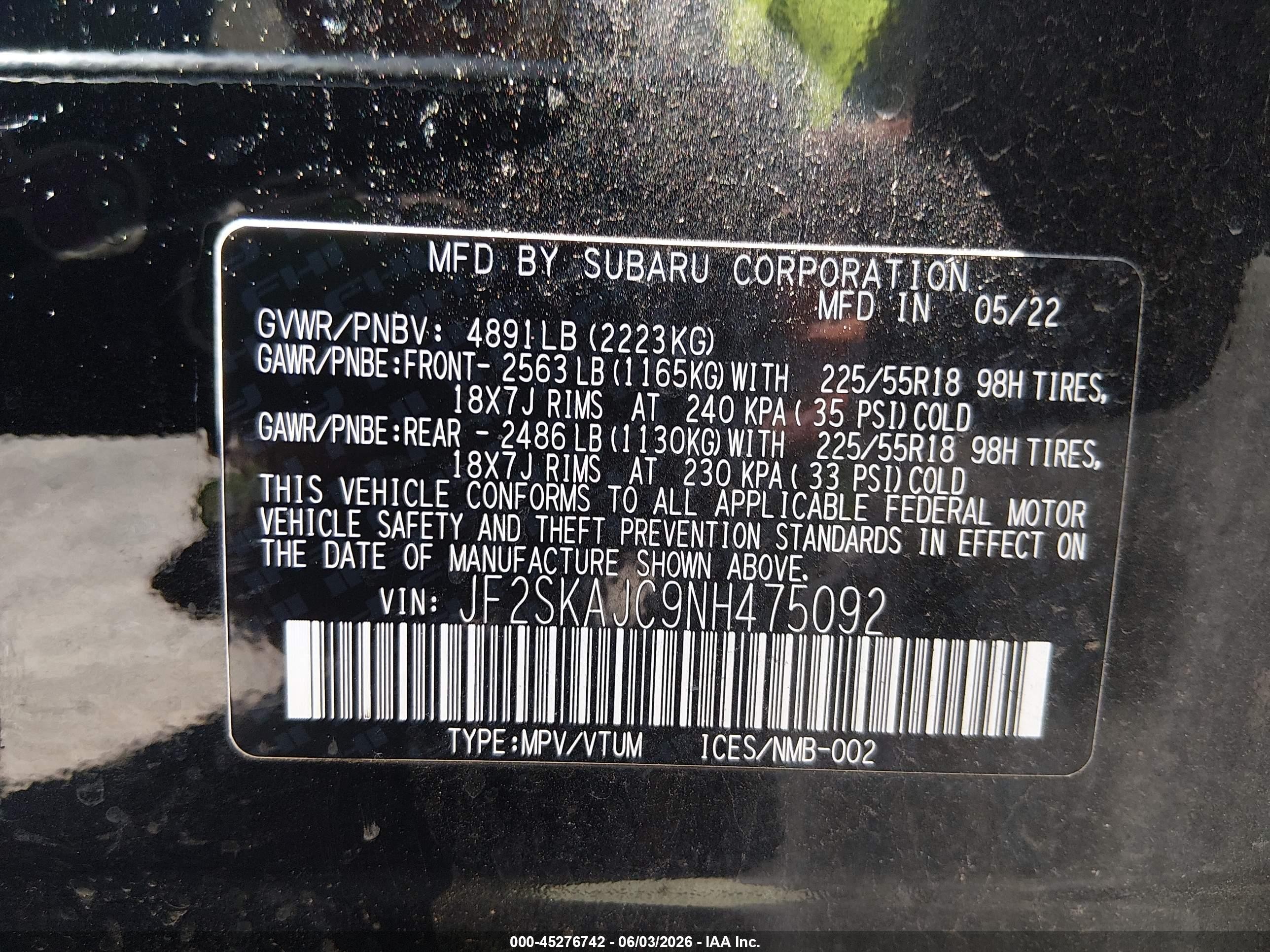 2022 Subaru Forester VIN JF2SKAJC9NH475092 IAAI salvage auction — Front End, Salvage (Connecticut), sold $4,900 on 2026-07-12 (photo 9)