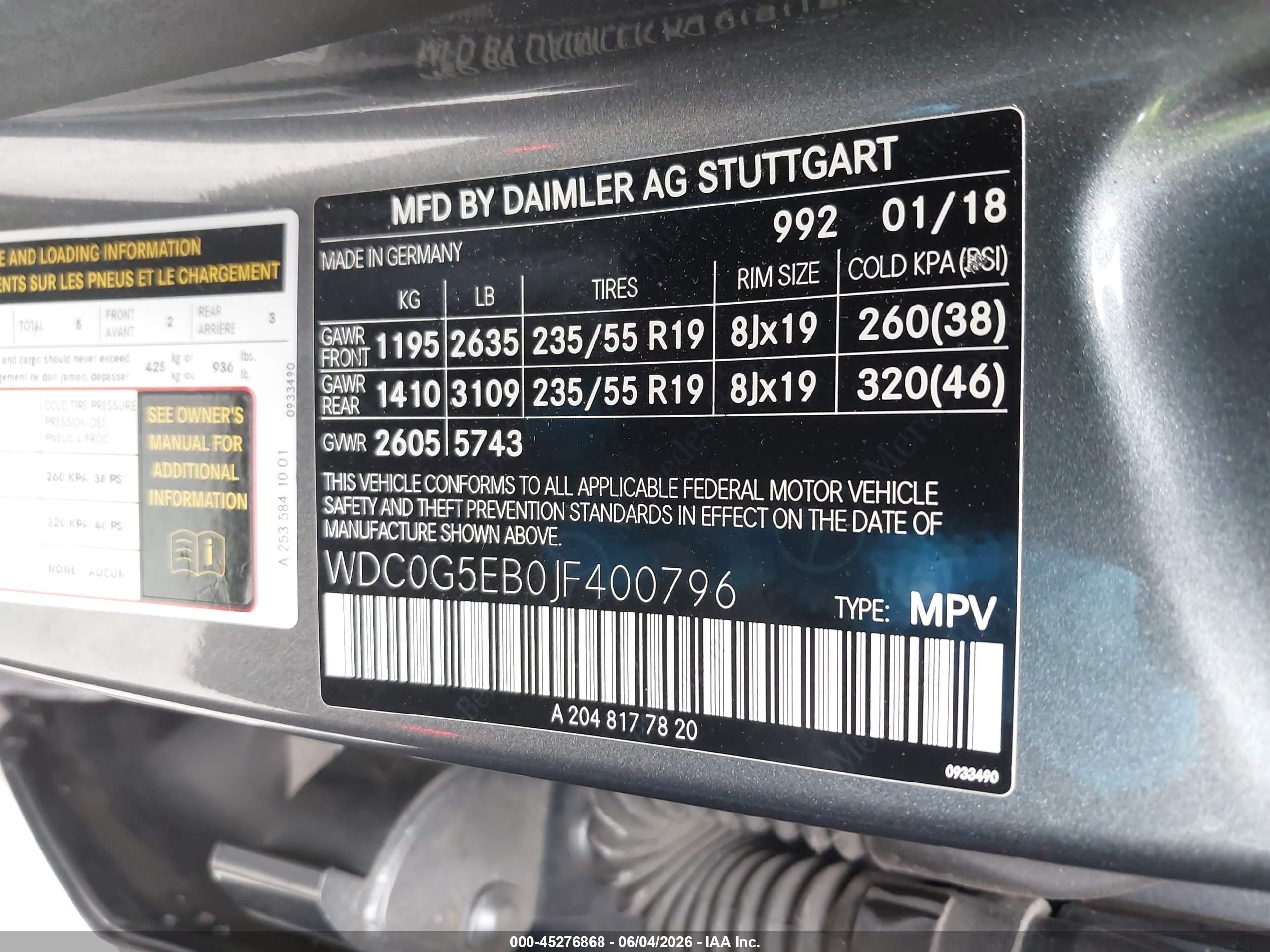 2018 Mercedes-Benz GLC-Class VIN WDC0G5EB0JF400796 IAAI salvage auction — Rear End, Salvage Certificate (California), sold $4,400 on 2026-09-13 (photo 9)