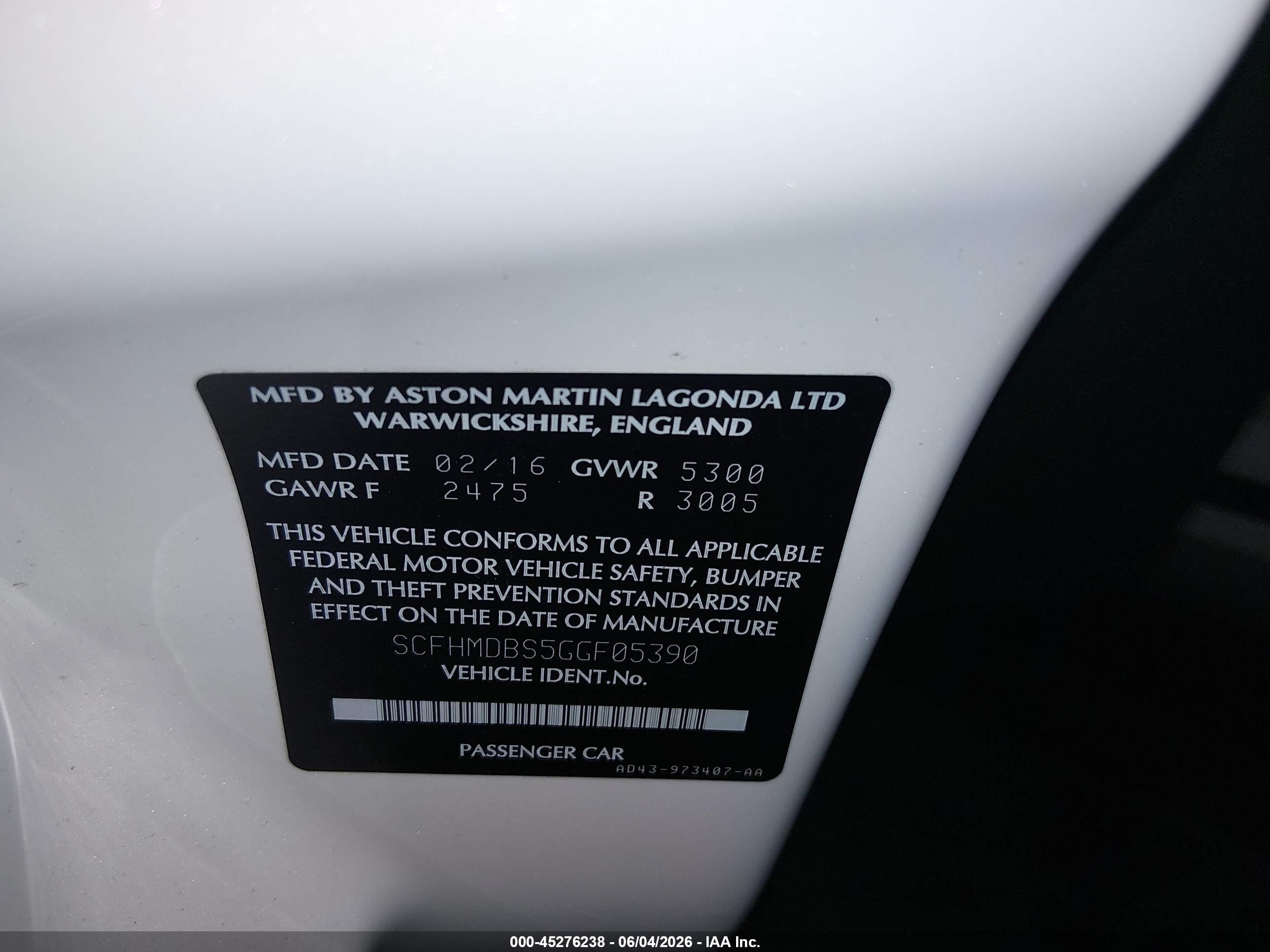 2016 Aston martin Rapide VIN SCFHMDBS5GGF05390 IAAI salvage auction — Unknown, Salvage (Idaho), sold $19,100 on 2026-09-04 (photo 9)