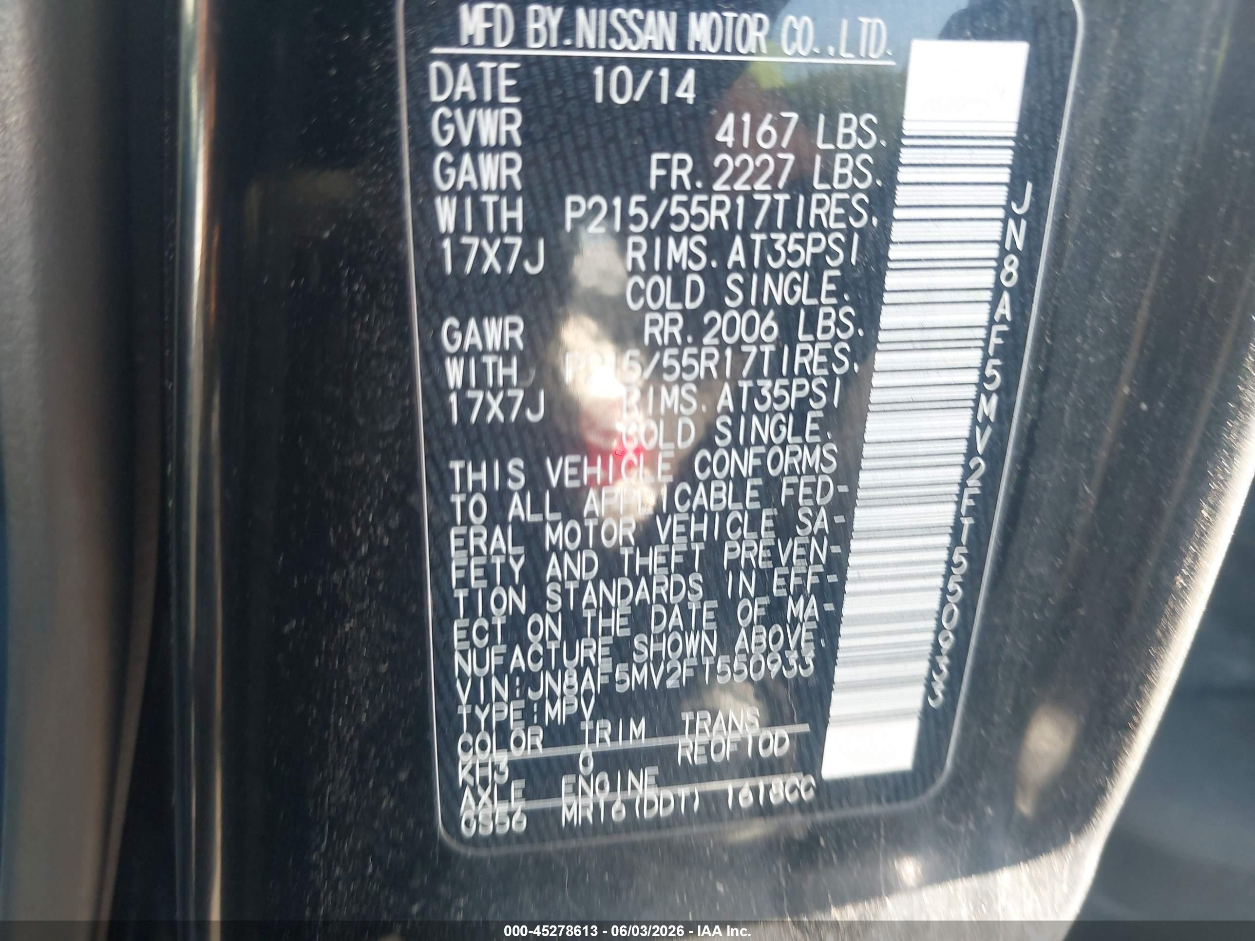 2015 Nissan Juke VIN JN8AF5MV2FT550933 IAAI salvage auction — Engine Damage, Clear (Utah), sold $350 on 2026-07-09 (photo 9)