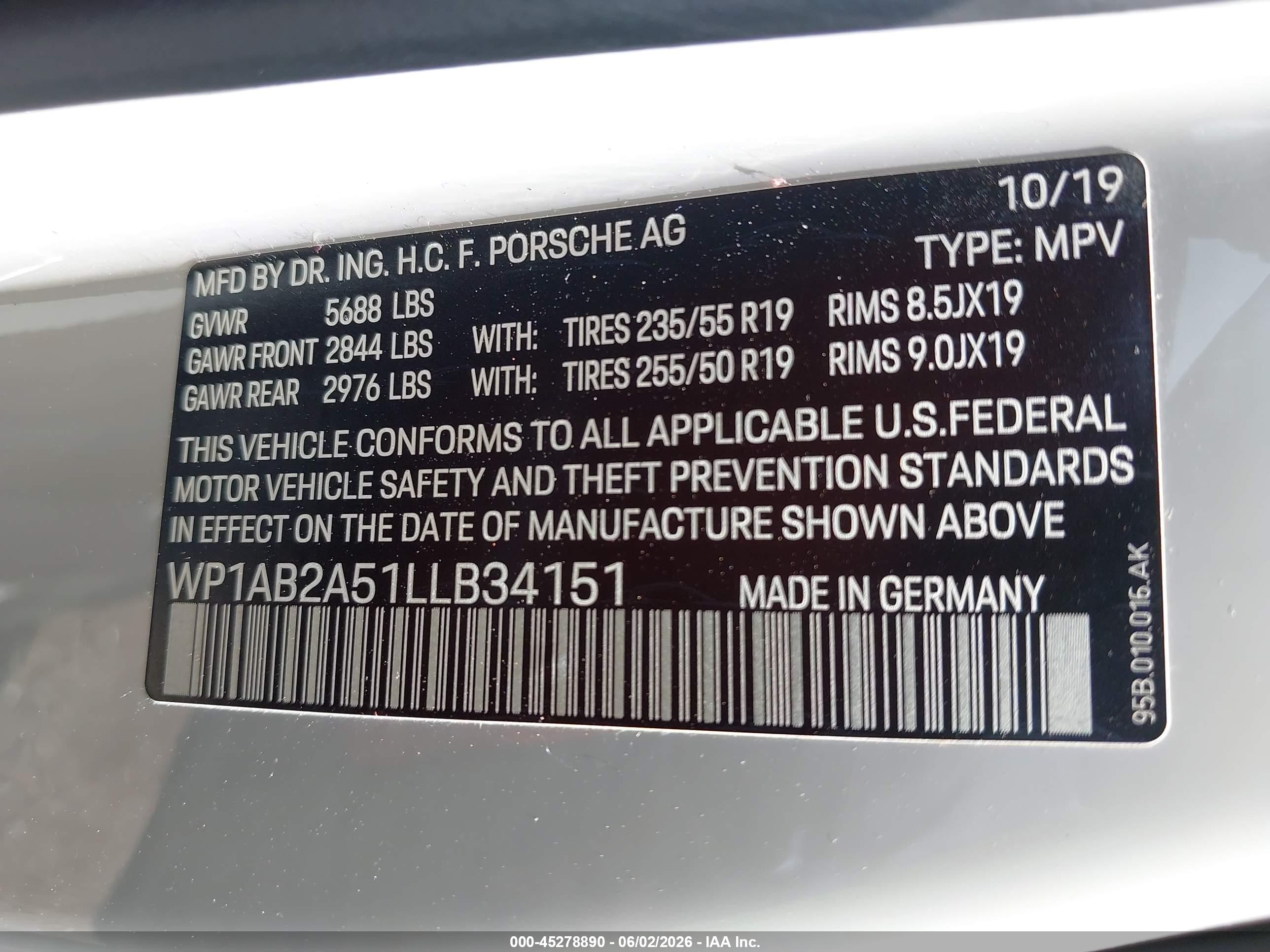 2020 Porsche Macan VIN WP1AB2A51LLB34151 IAAI salvage auction — Unknown, Salvage (Alabama), sold $14,350 on 2026-07-01 (photo 9)